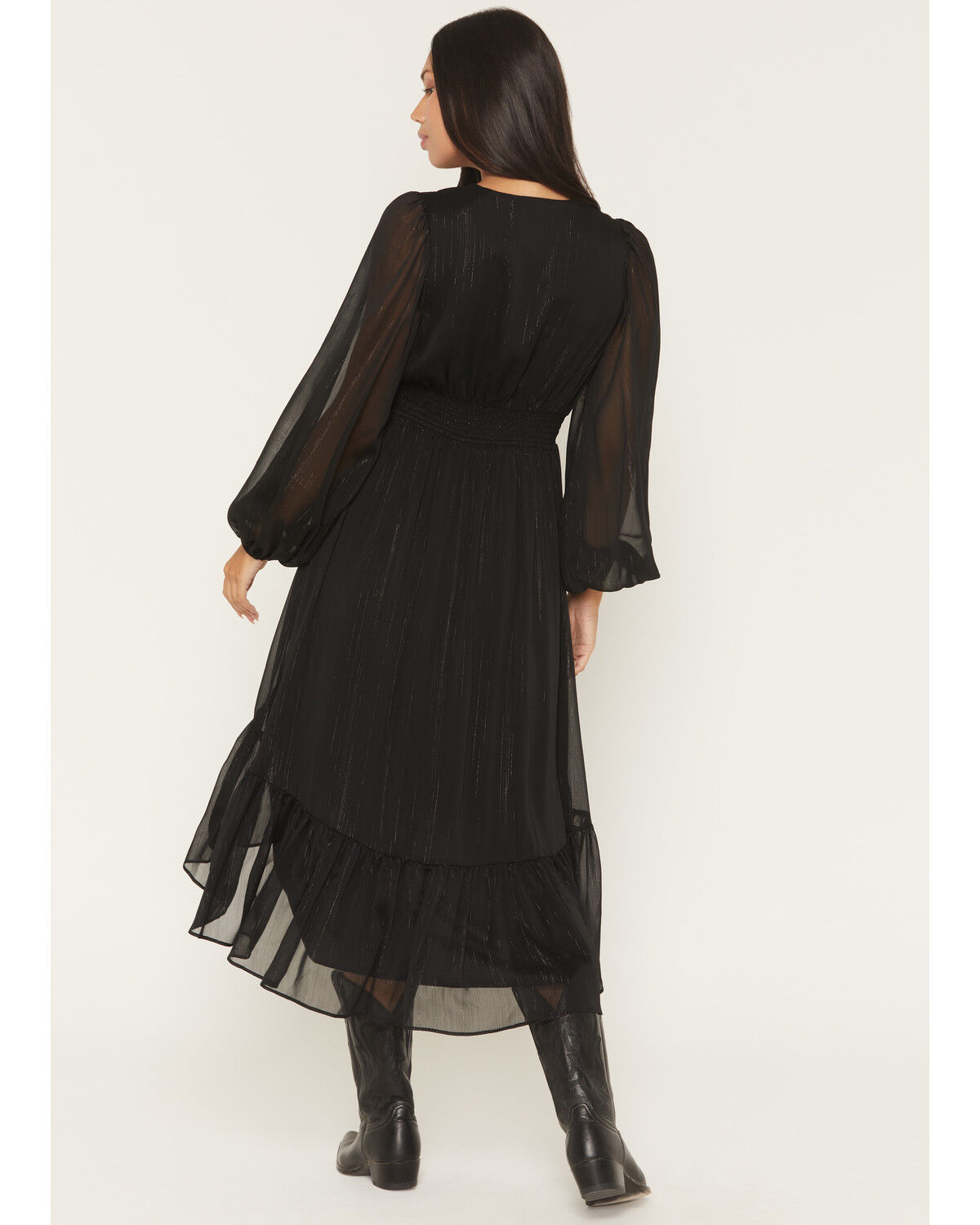 Image #4 - Shyanne Women's Josephine Faux Button-Down Long Sleeve Lurex Midi Dress, Black, hi-res