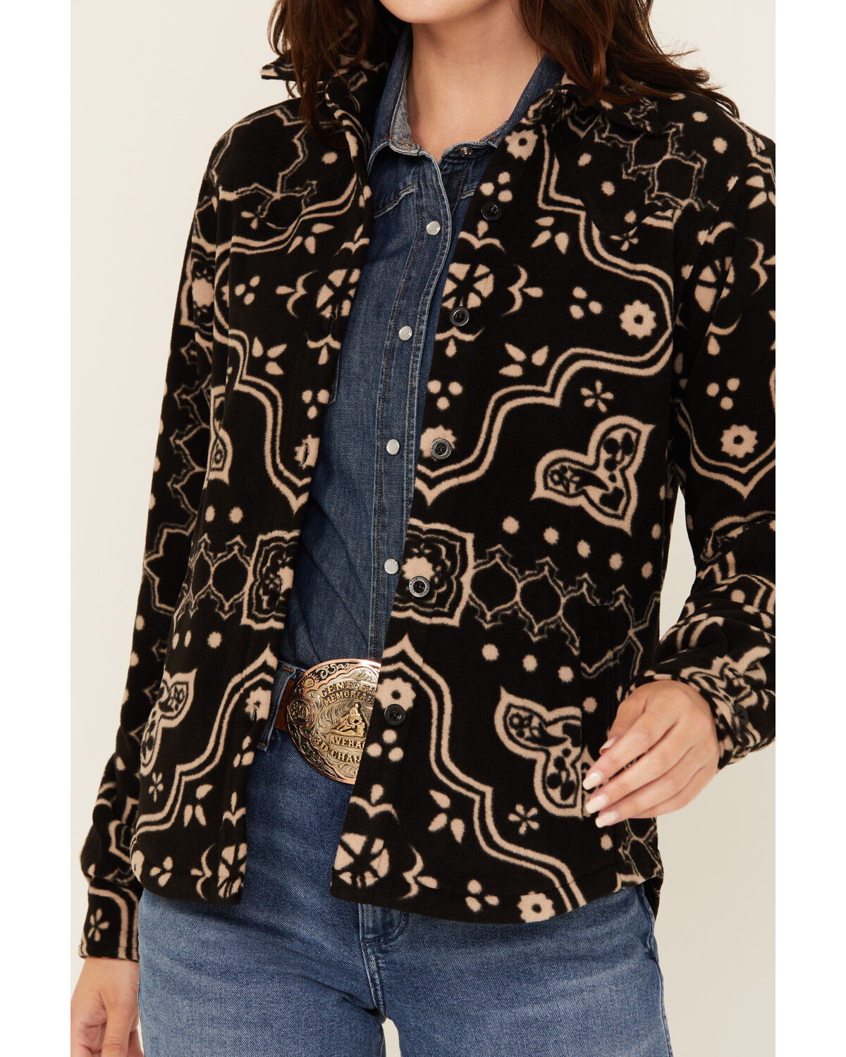 Image #3 - Outback Trading Co Women's Bandana Print Fleece Button-Down Western Shirt, Black, hi-res