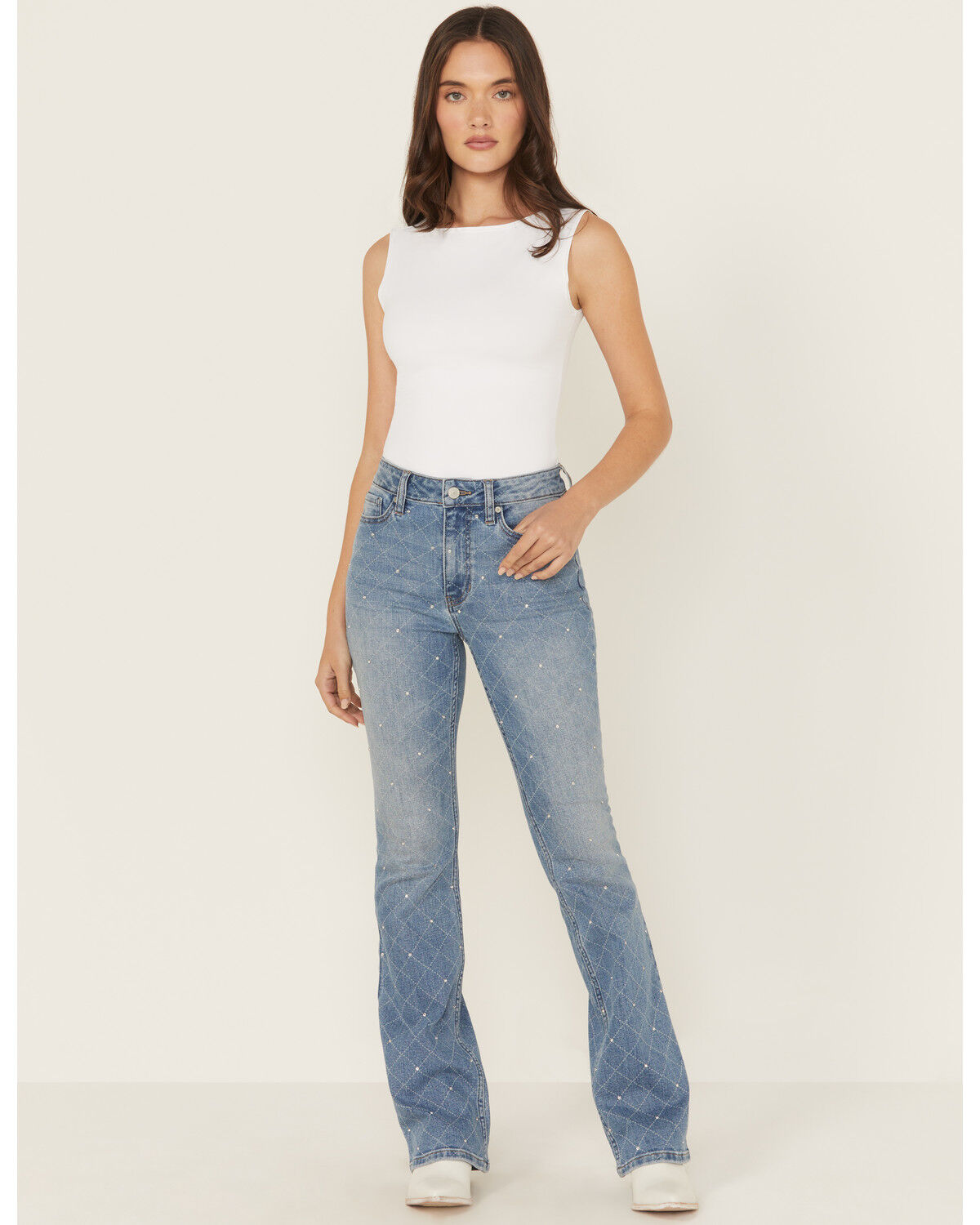 Shyanne Women's Luna Embellished High Rise Flare Stretch Denim Jeans, Light Wash, hi-res
