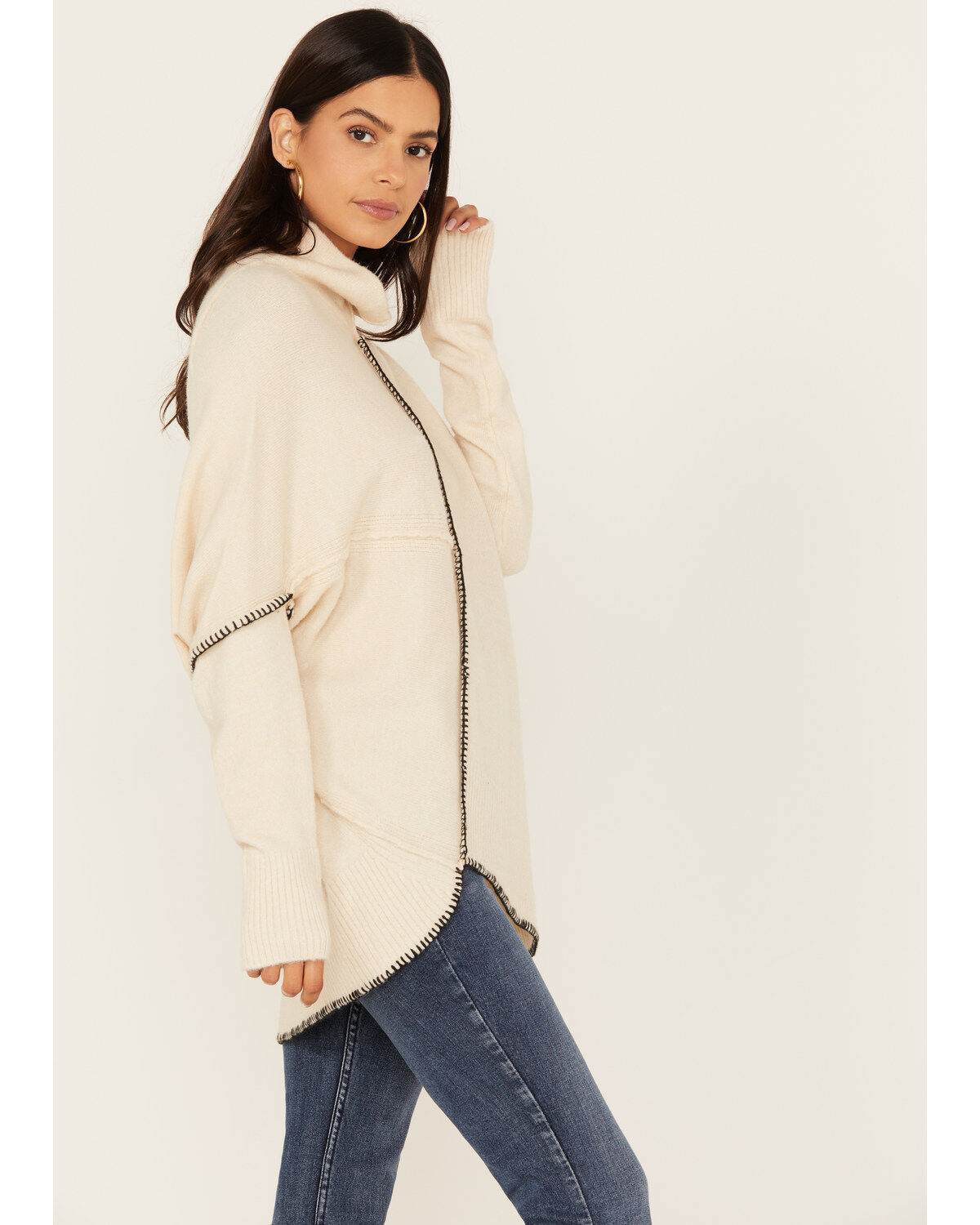 Image #2 - Revel Women's Asymmetrical Contrast Stitch Turtleneck Sweater, Cream, hi-res