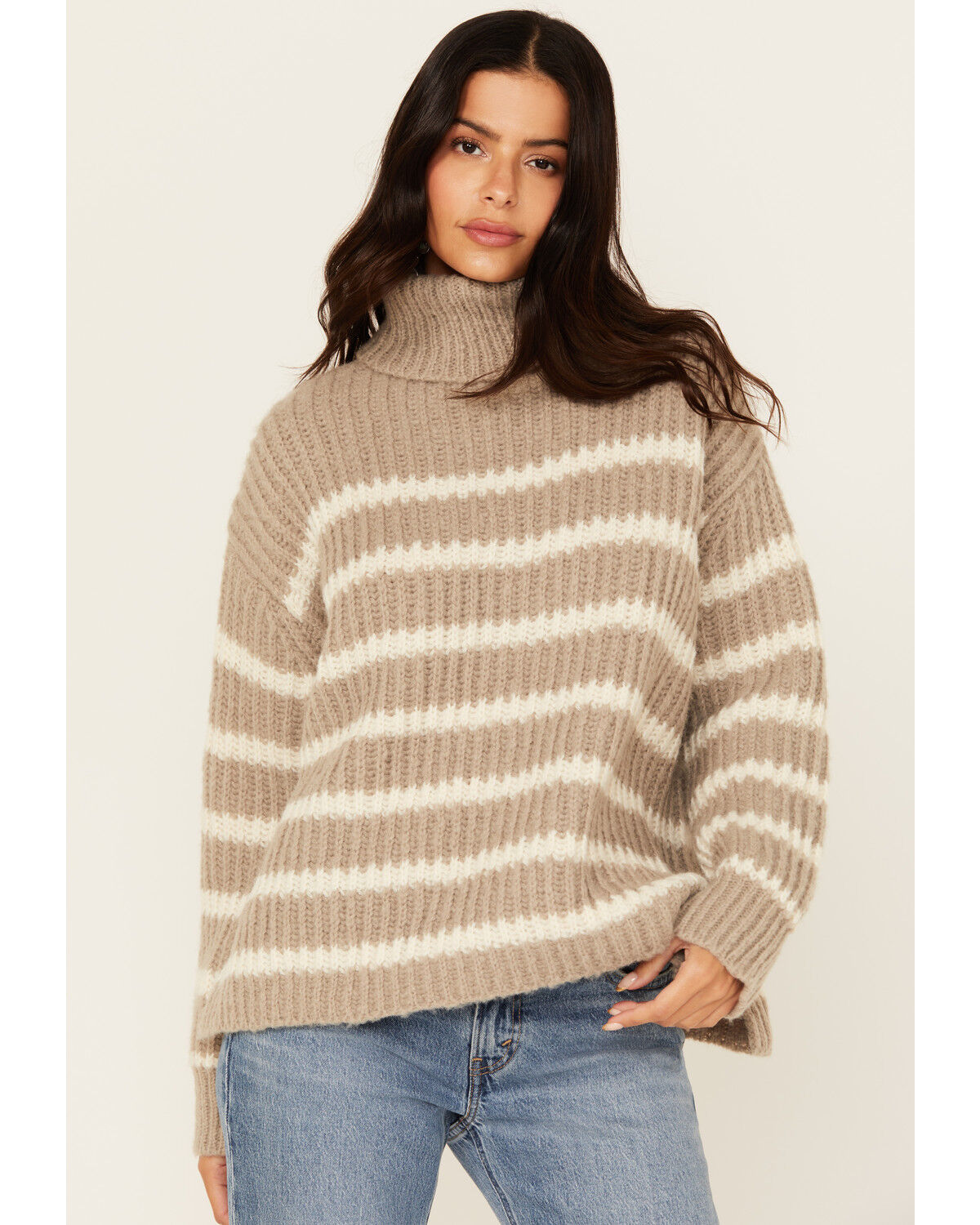 Image #1 - Sadie & Sage Women's Striped Turtleneck Sweater, Grey, hi-res