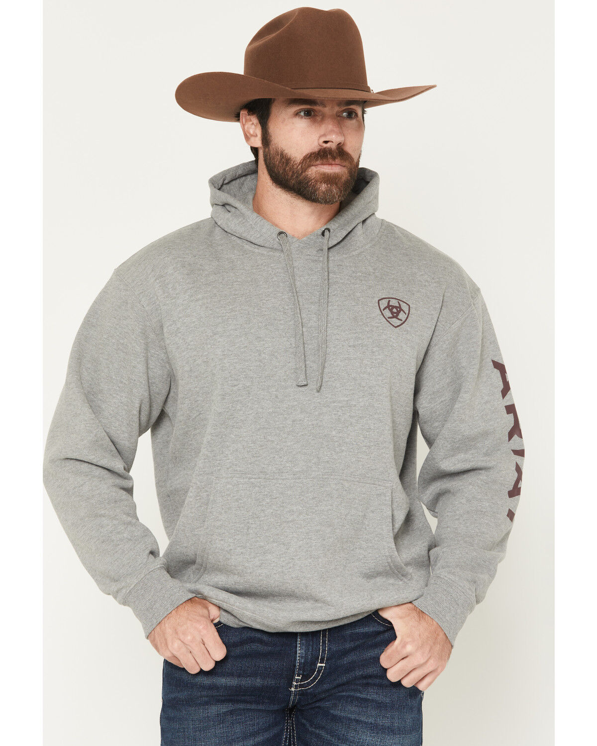 Image #1 - Ariat Men's Logo Graphic Hooded Sweatshirt, Grey, hi-res