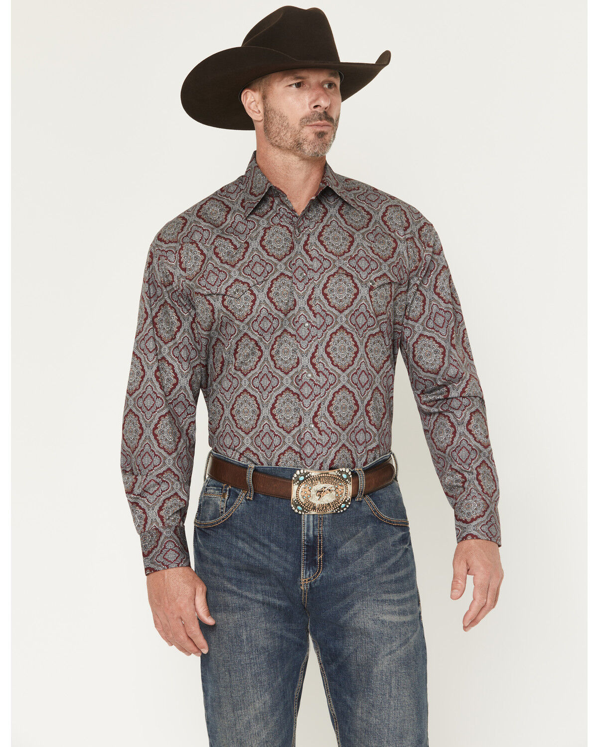 Stetson Men's Medallion Print Long Sleeve Snap Western Shirt, Wine, hi-res