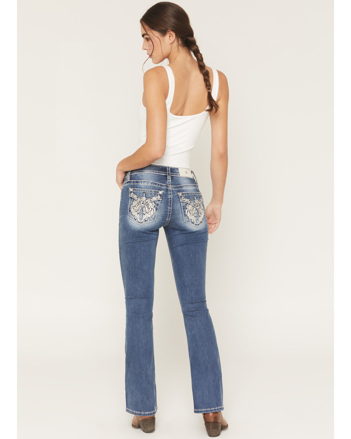 Miss Me Women's Dark Wash Mid Rise Winged Pocket 32" Bootcut Stretch Denim Jeans, Dark Wash, hi-res