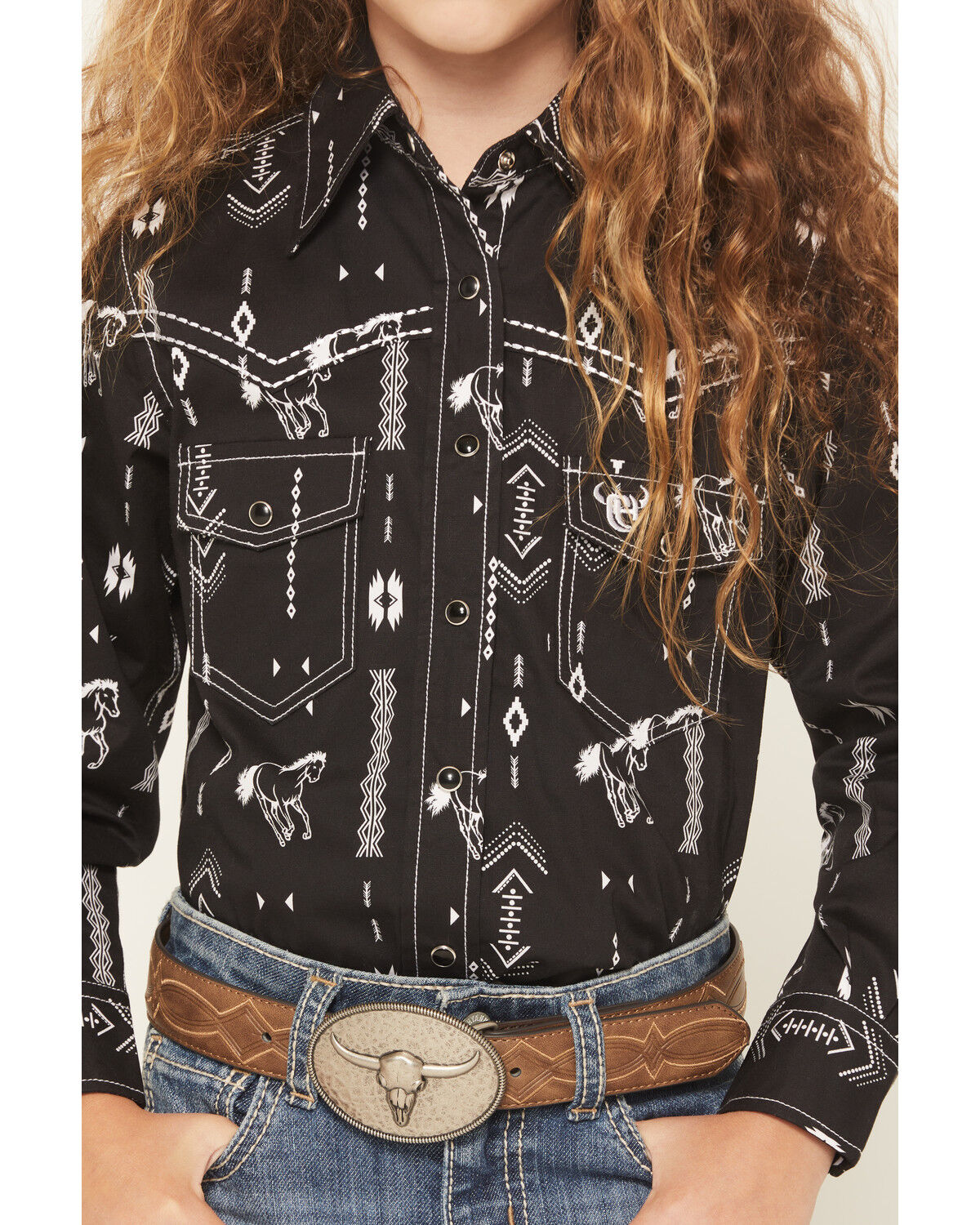 Image #3 - Cowgirl Hardware Girls' Horse Southwest Long Sleeve Snap Stretch Western Shirt, Black, hi-res
