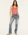 Image #3 - Miss Me Women's Medium Wash Mid Rise Cow Skull Pocket 34" Bootcut Stretch Denim Jeans, Medium Wash, hi-res