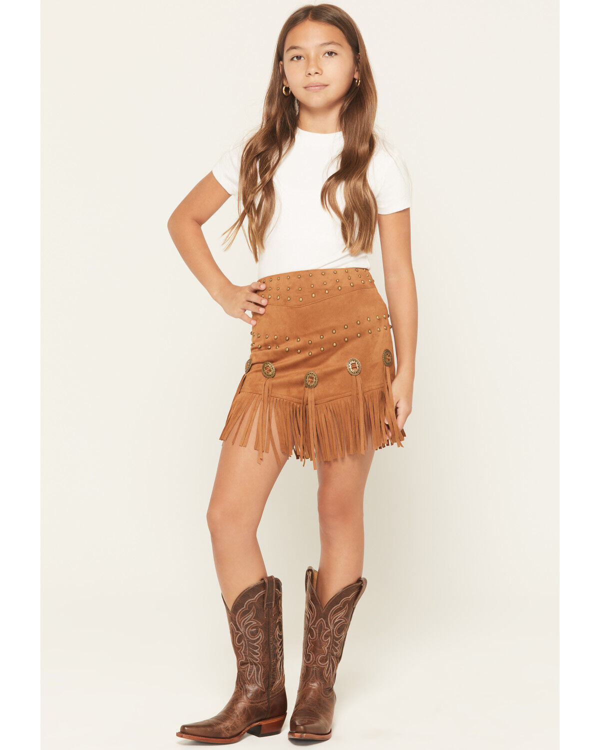 Image #1 - Fornia Girls' Faux Suede Fringe Skirt, Brown, hi-res