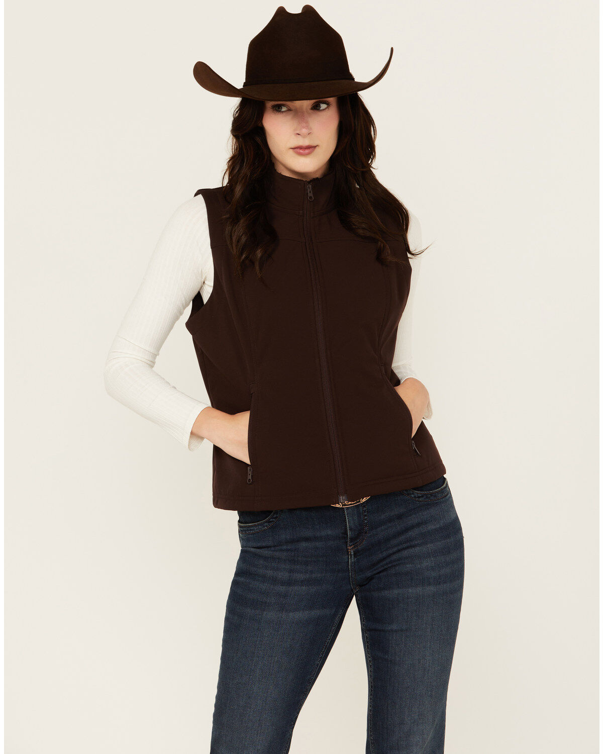 Shyanne Women's Solid Softshell Vest, Chocolate, hi-res