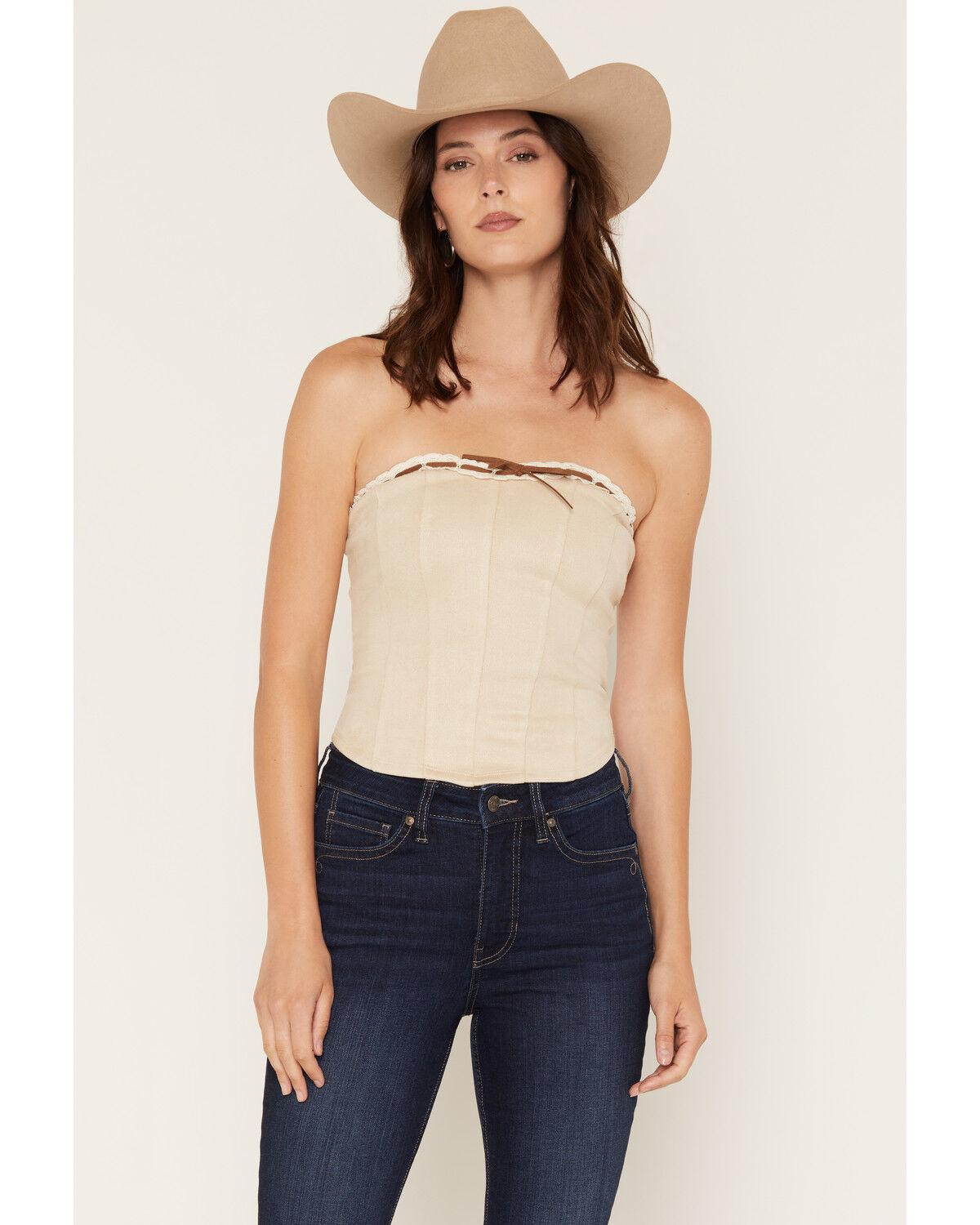 Image #1 - Cleo + Wolf Women's Faux Suede Ribbon Corset Cropped Top, Ivory, hi-res