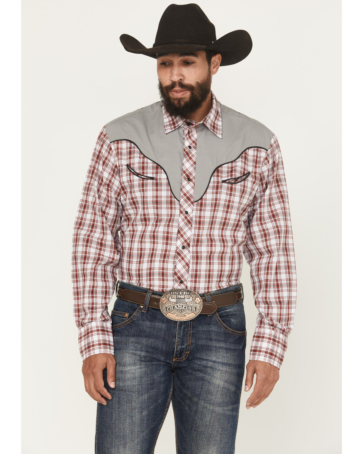 Image #1 - Roper Men's Plaid Print Embroidered Long Sleeve Snap Stretch Western Shirt, Red, hi-res