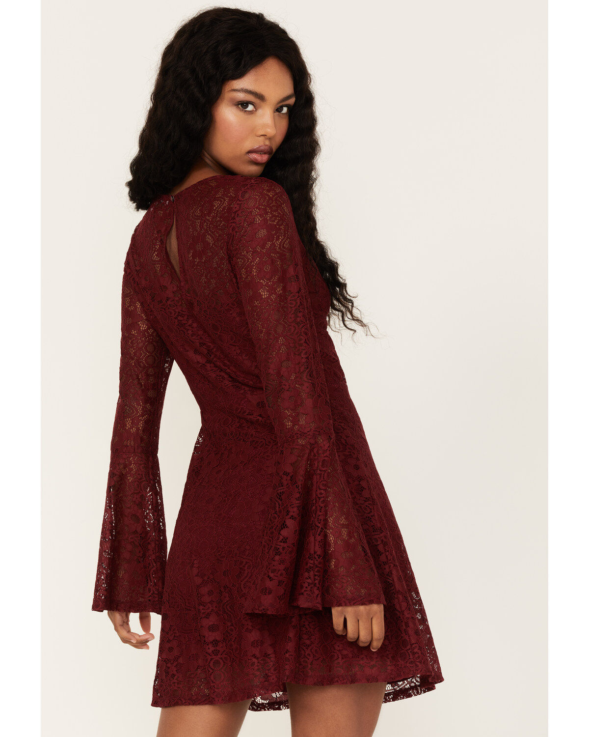 Image #2 - Beyond The Radar Women's Lace Tie Front Mini Dress, Wine, hi-res