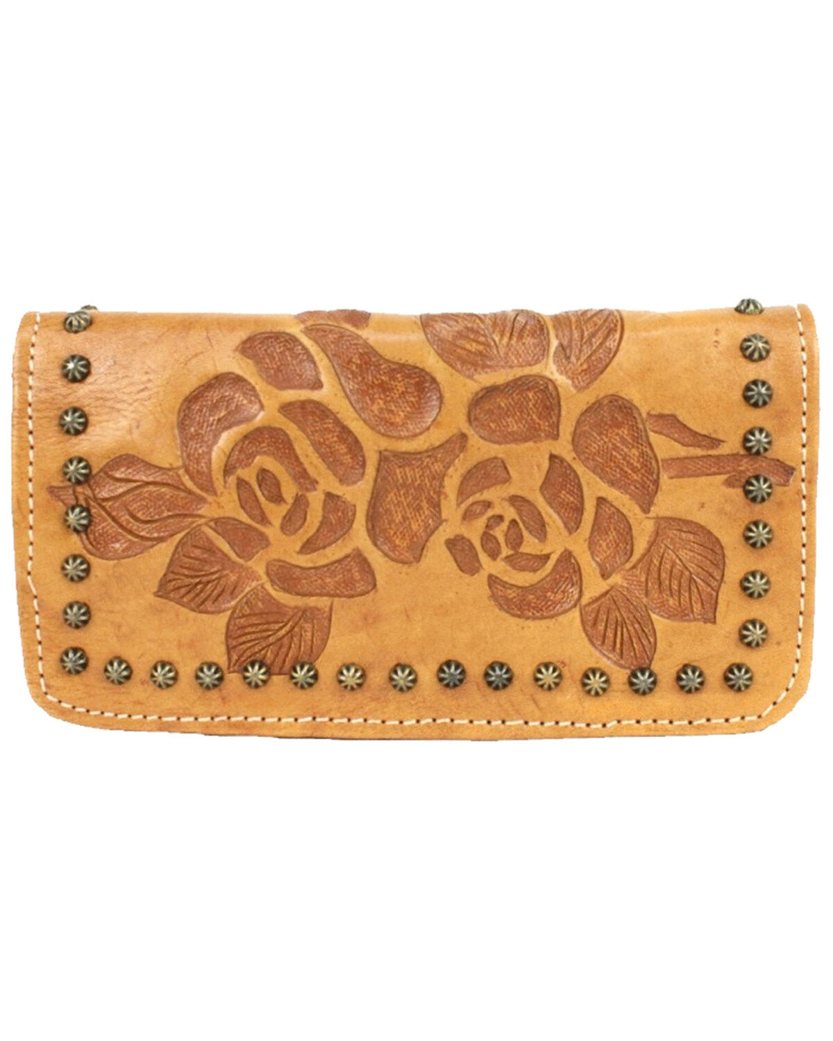 American West Women's Texas Rose Tooled Trifold Wallet, Tan, hi-res