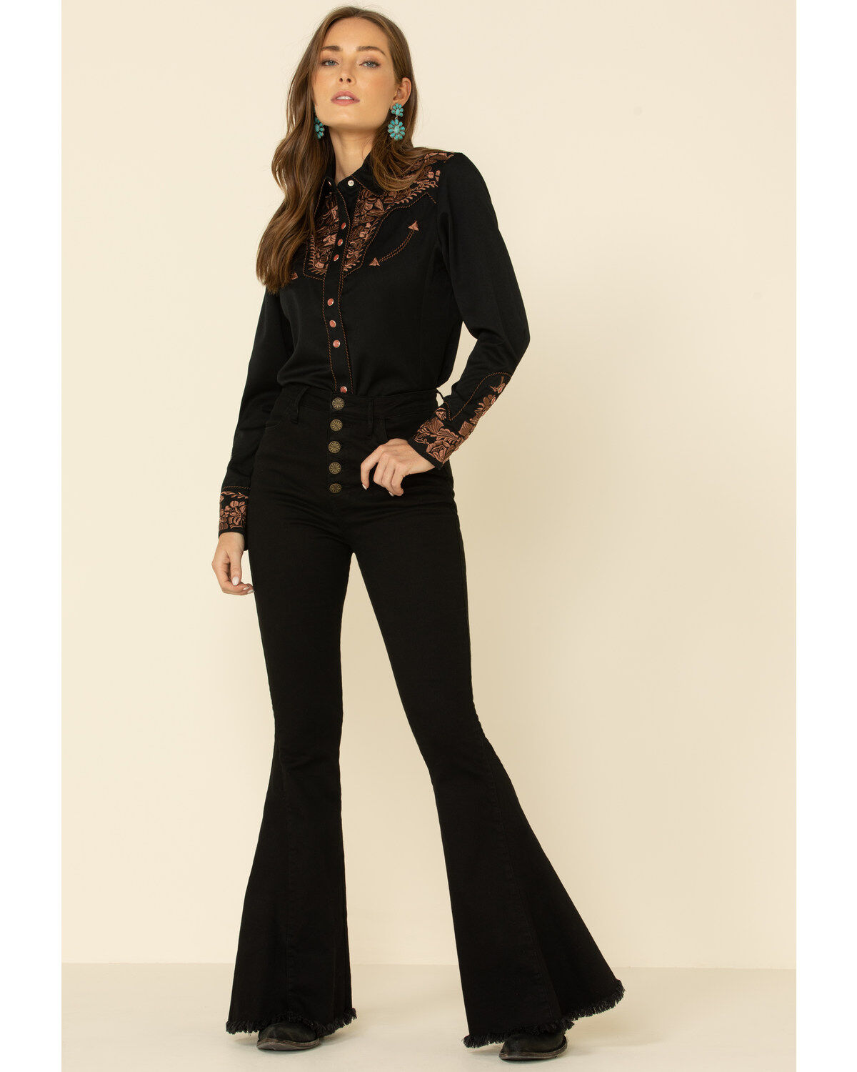 Image #3 - Scully Women's Floral Embroidered Long Sleeve Western Shirt, Black, hi-res