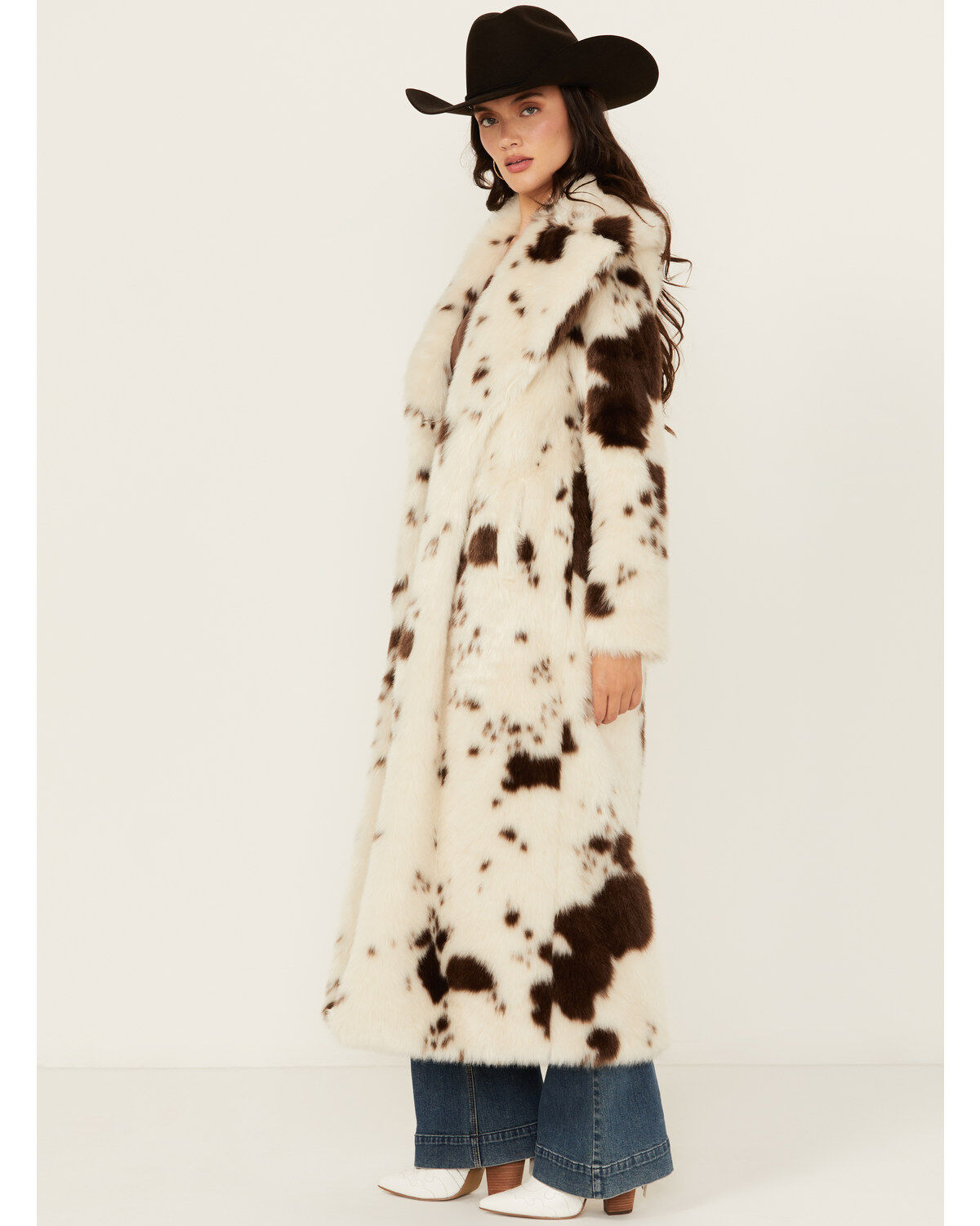 Image #2 - Powder River Outfitters Women's Cow Print Duster Faux Fur Coat, Cream, hi-res