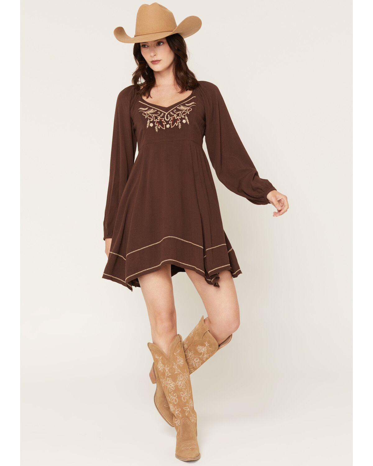 Shyanne Women's Piper Hanky Hem Embroidered Long Sleeve Mini Dress, Dark Brown, hi-res