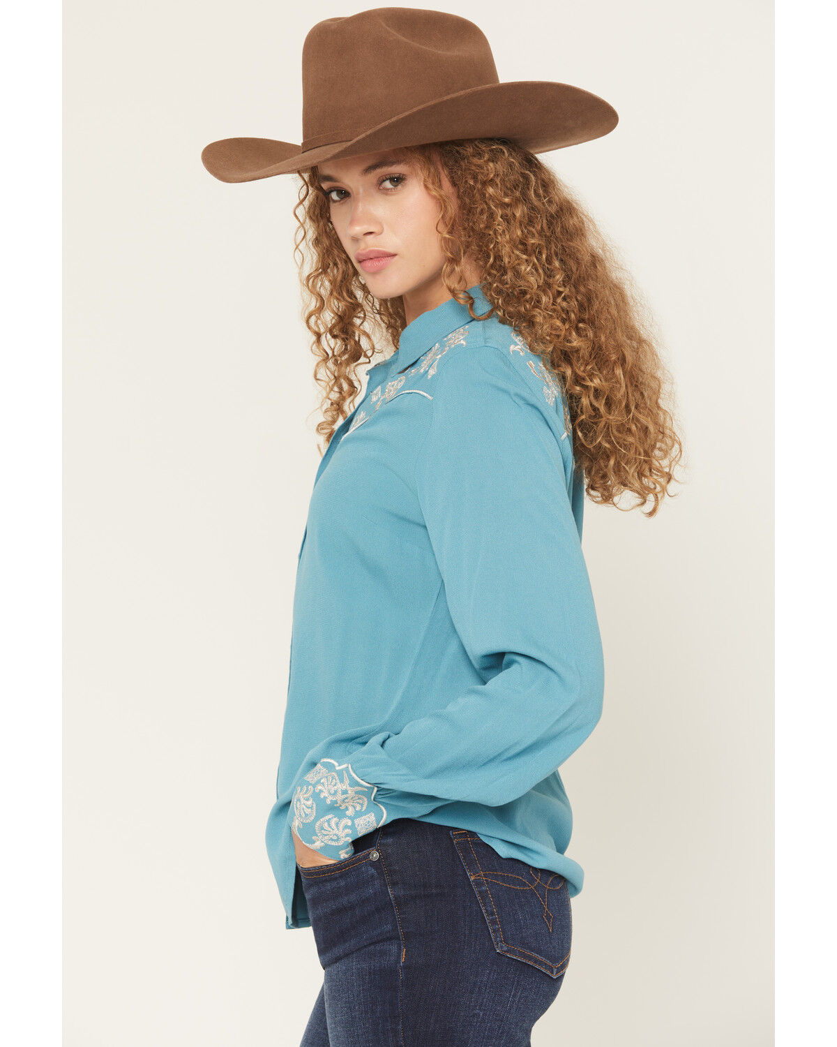 Image #2 - Shyanne Women's Bluespruce Embroidered Long Sleeve Snap Western Shirt, Turquoise, hi-res