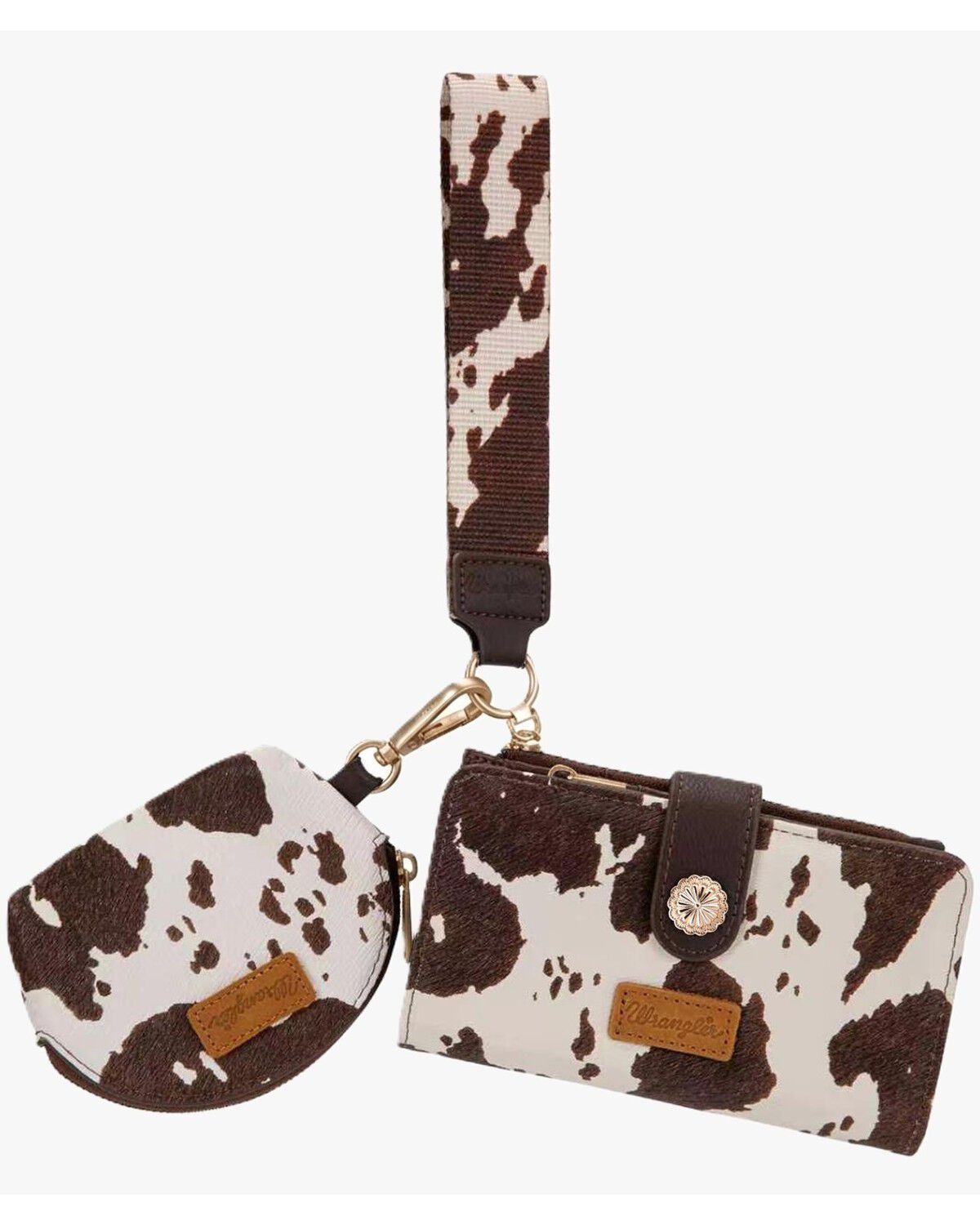 Image #1 - Wrangler X Boot Barn Women's Cow Print Wristlet Set - 3 Piece, Coffee, hi-res