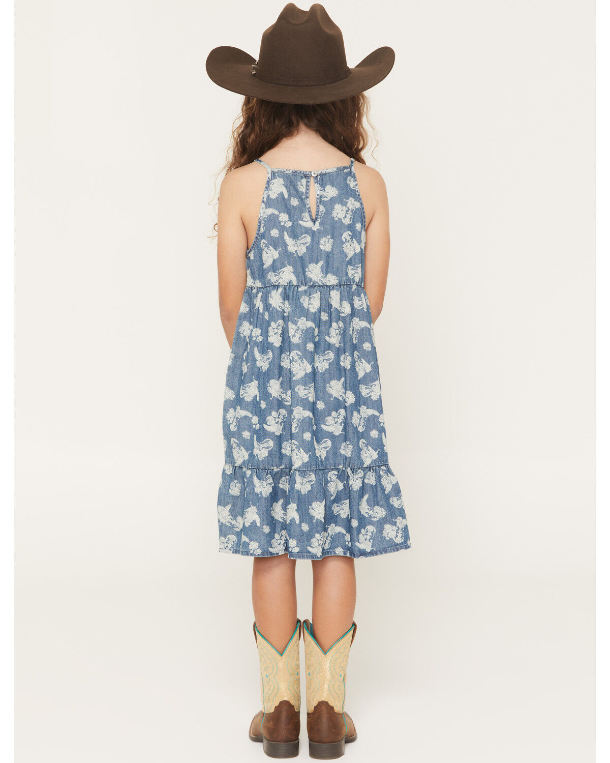 Image #4 - Wrangler Girls' Floral Boot Denim Dress, Blue, hi-res