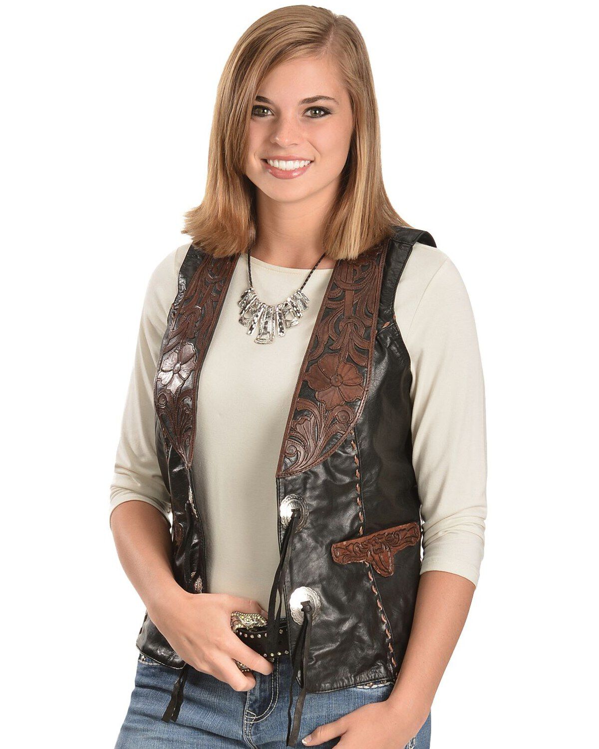 Kobler Floral Tooled Leather Vest, Black, hi-res