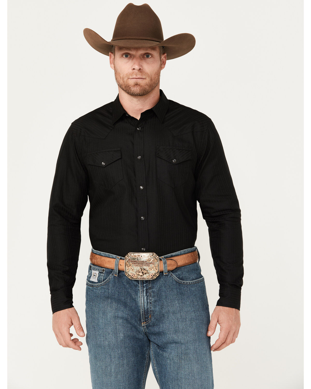 Image #1 - Gibson Men's Southside Satin Stripe Pearl Snap Western Shirt, Black, hi-res