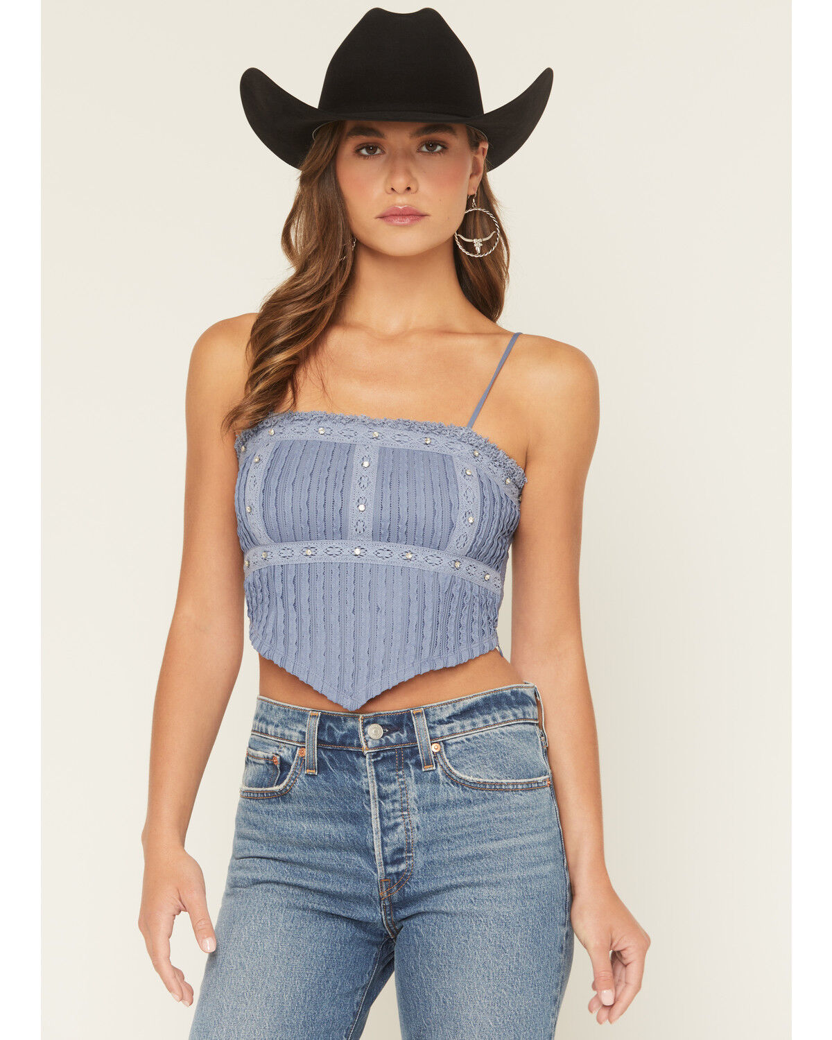 Image #2 - Miss Me Women's Studded Cropped Tank Top, Blue, hi-res