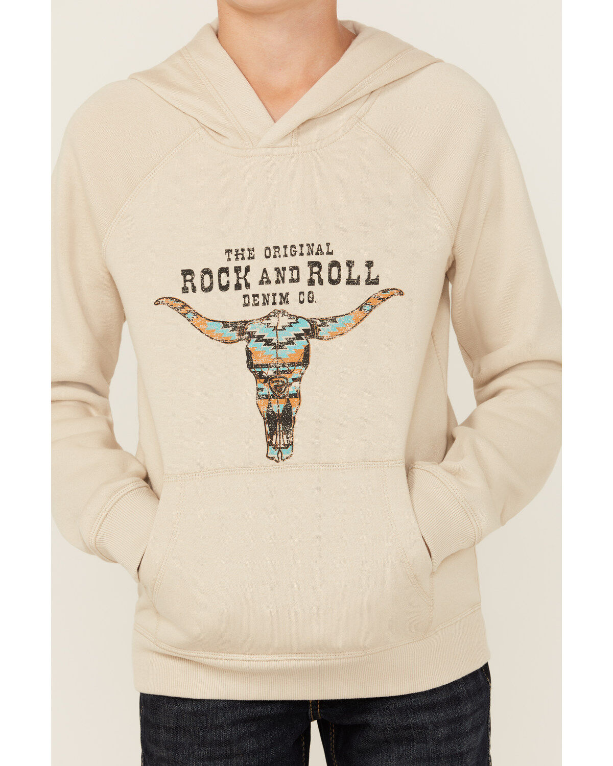 Image #3 - Rock & Roll Denim Boys' Steer Head Hooded Sweatshirt, Cream, hi-res