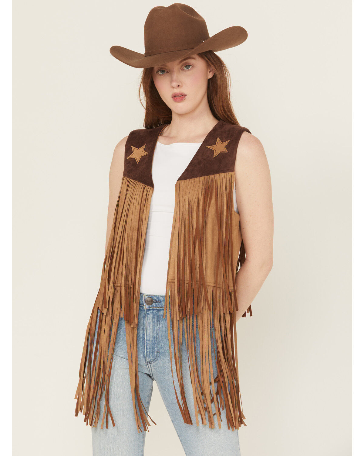 Image #1 - Saints & Hearts Women's Faux Suede Star Tiered Fringe Vest, Chocolate, hi-res