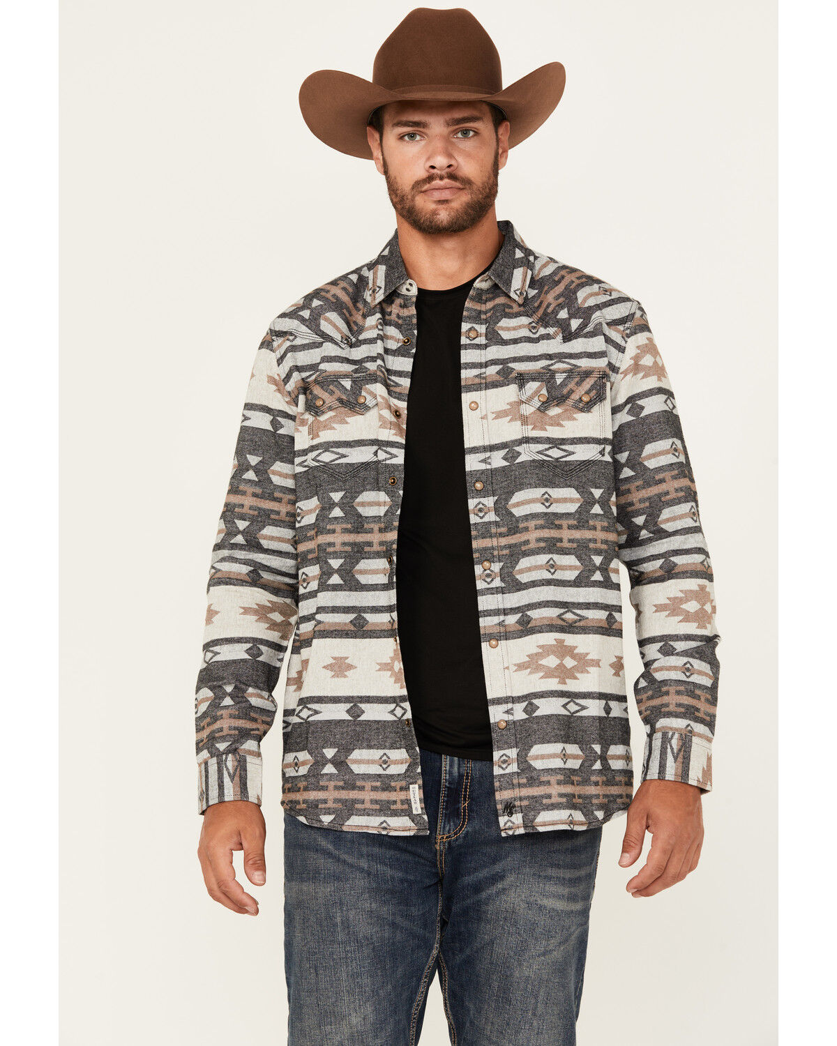 Moonshine Spirit&reg; Men's Gun Shop Southwestern Print Long Sleeve Snap Flannel Shirt, Tan, hi-res