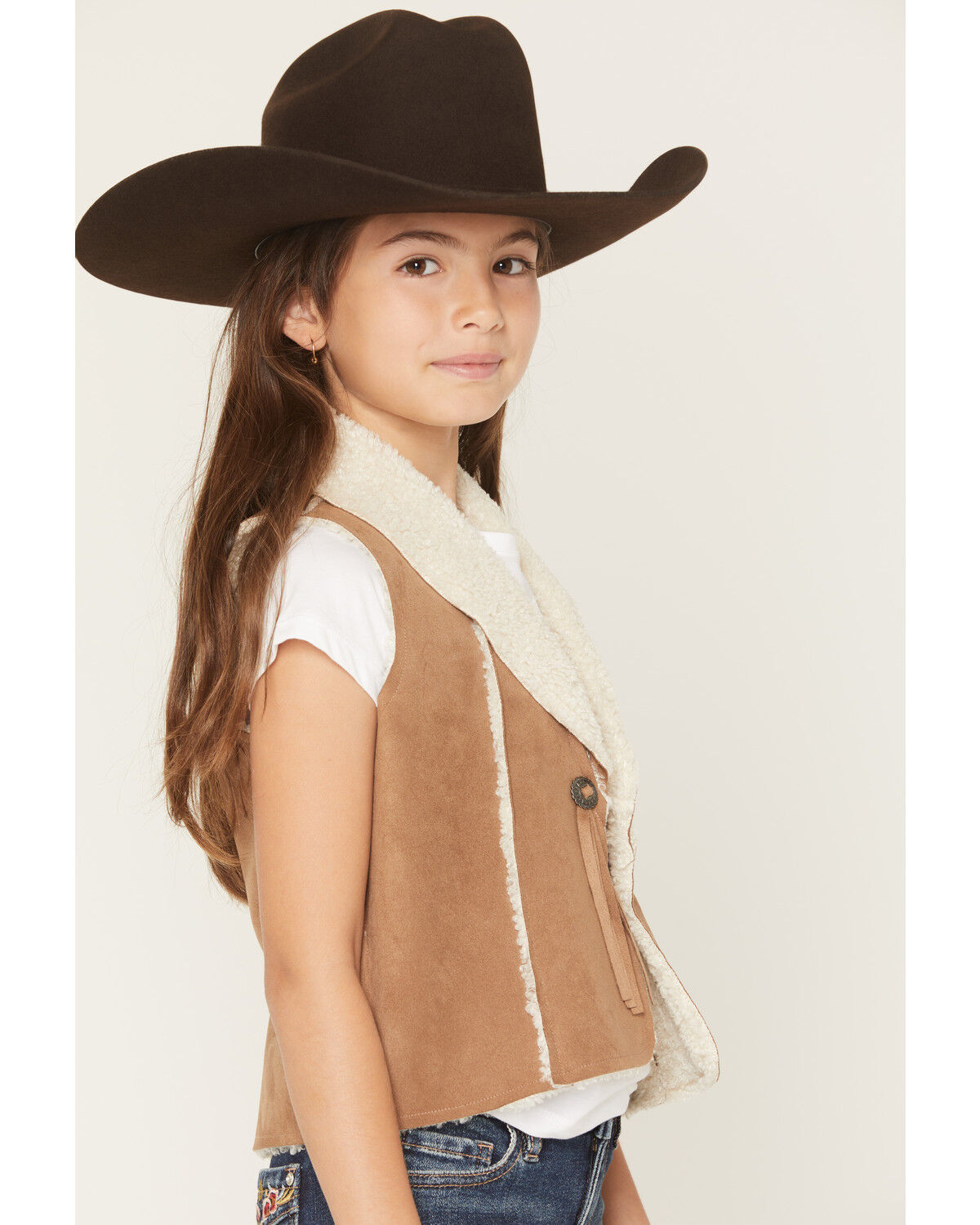 Image #2 - Shyanne Girls' Sherpa Lined Concho Closure Faux Suede Vest, Coffee, hi-res