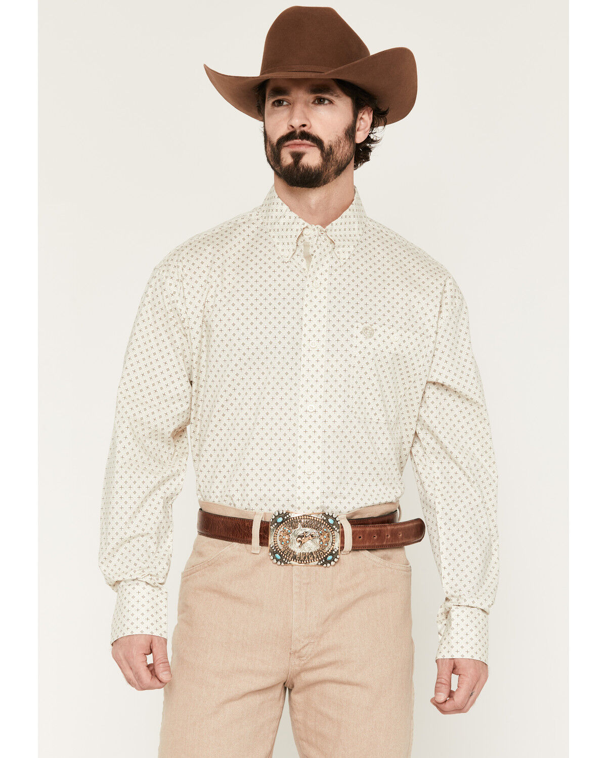 Image #1 - George Strait by Wrangler Men's Geo Print Long Sleeve Button-Down Stretch Western Shirt, Cream, hi-res