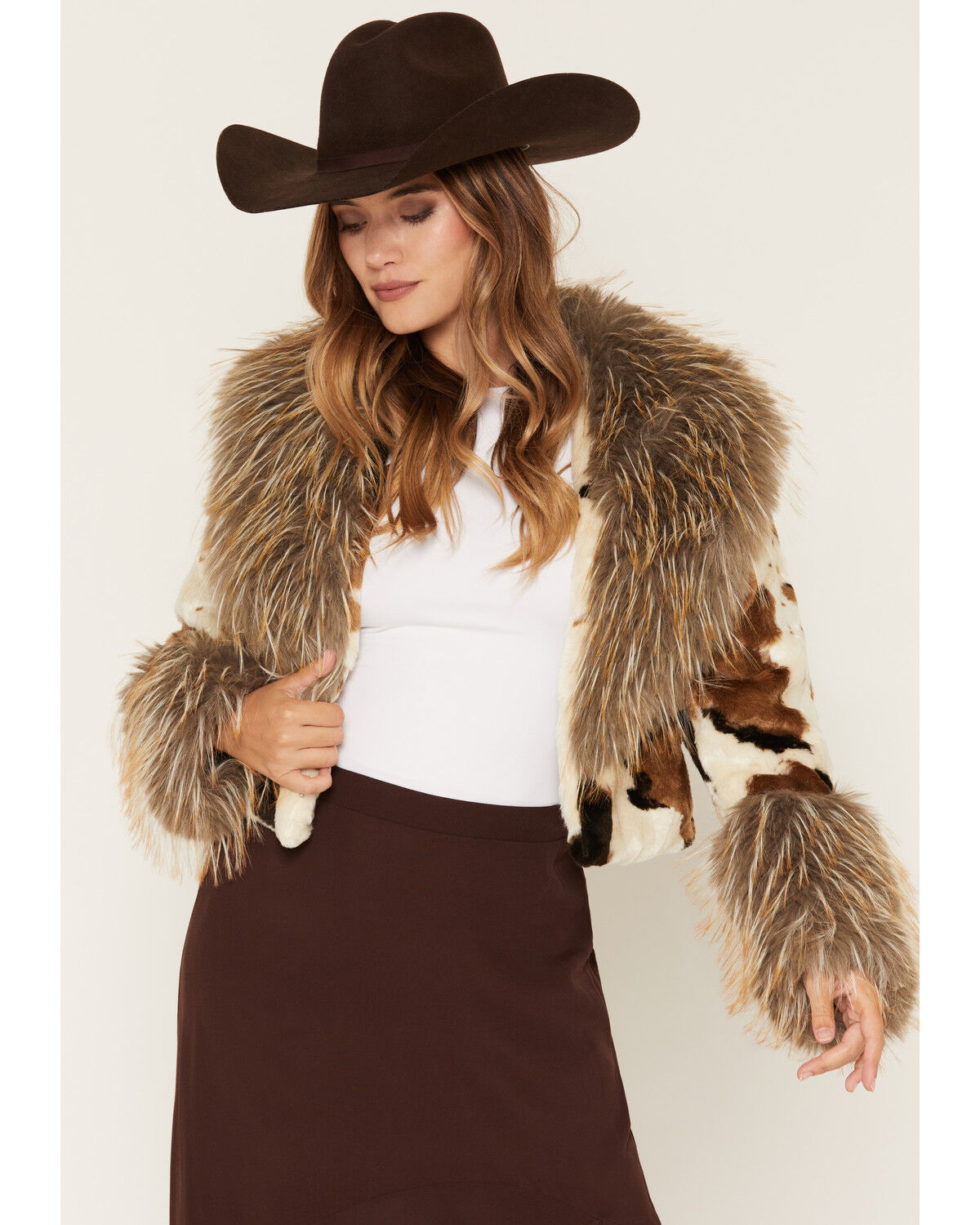 Image #1 - Azalea Wang Women's Bree Cow Print Faux Fur Cropped Jacket, Multi, hi-res