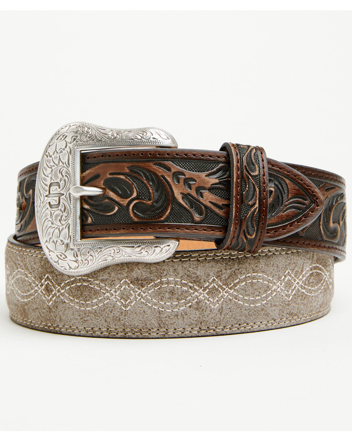Image #1 - Stetson Men's Tooled Leather Belt, Taupe, hi-res
