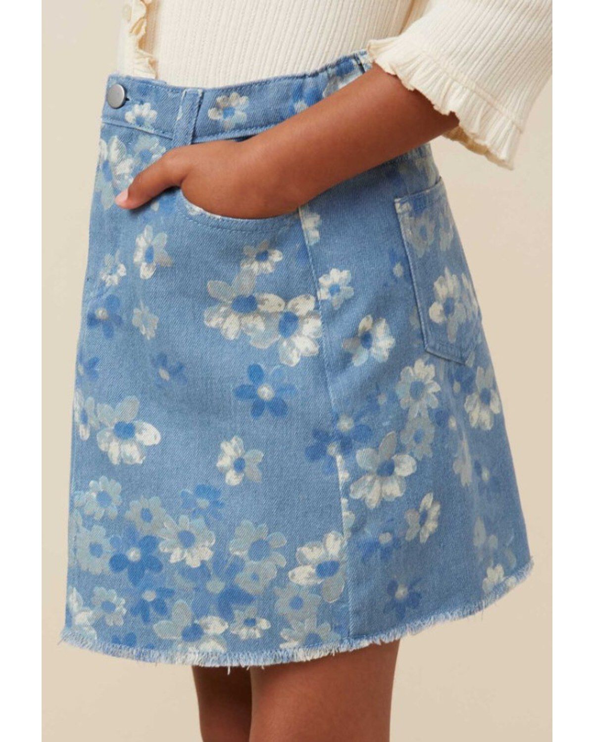 Image #2 - Hayden La Girls' Floral High Rise Denim Skirt, Blue, hi-res