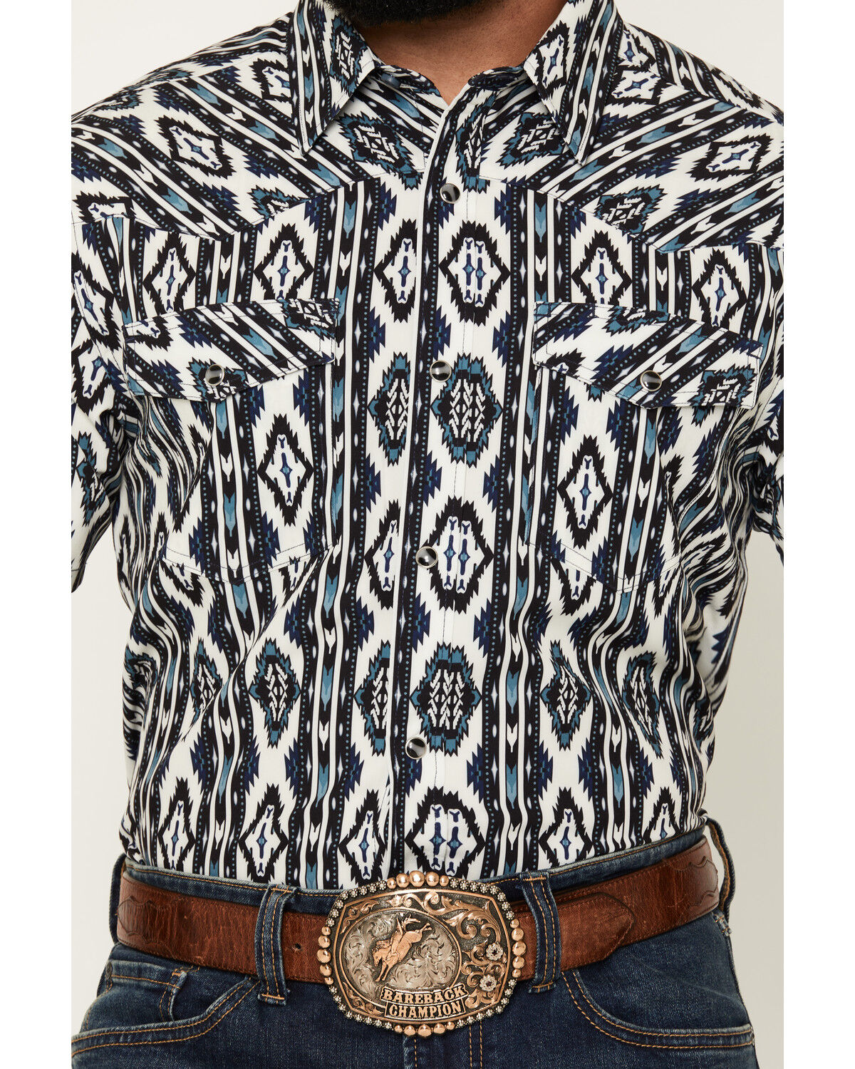 Image #3 - RANK 45&reg; Men's RODEOTEK&trade; 2.0 8 Seconds Southwestern Print Short Sleeve Snap Stretch Performance Shirt, Blue, hi-res