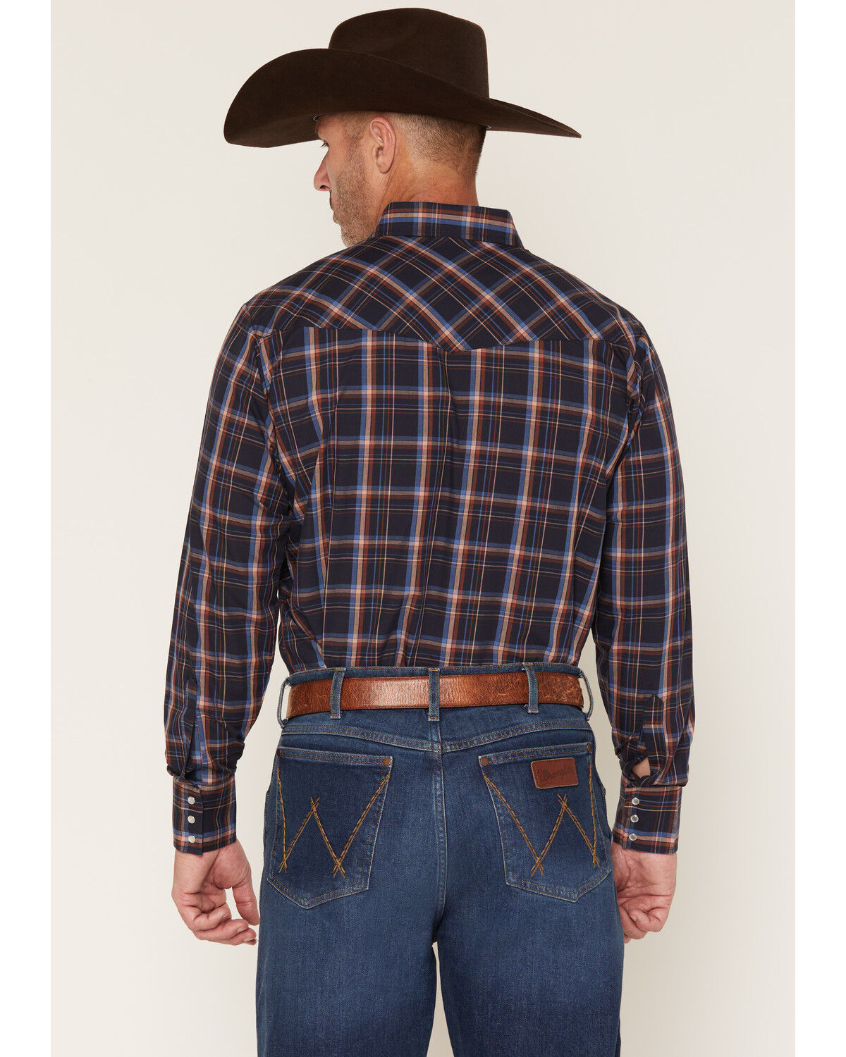 Image #4 - Ely Walker Men's Plaid Print Long Sleeve Pearl Snap Western Shirt, Navy, hi-res