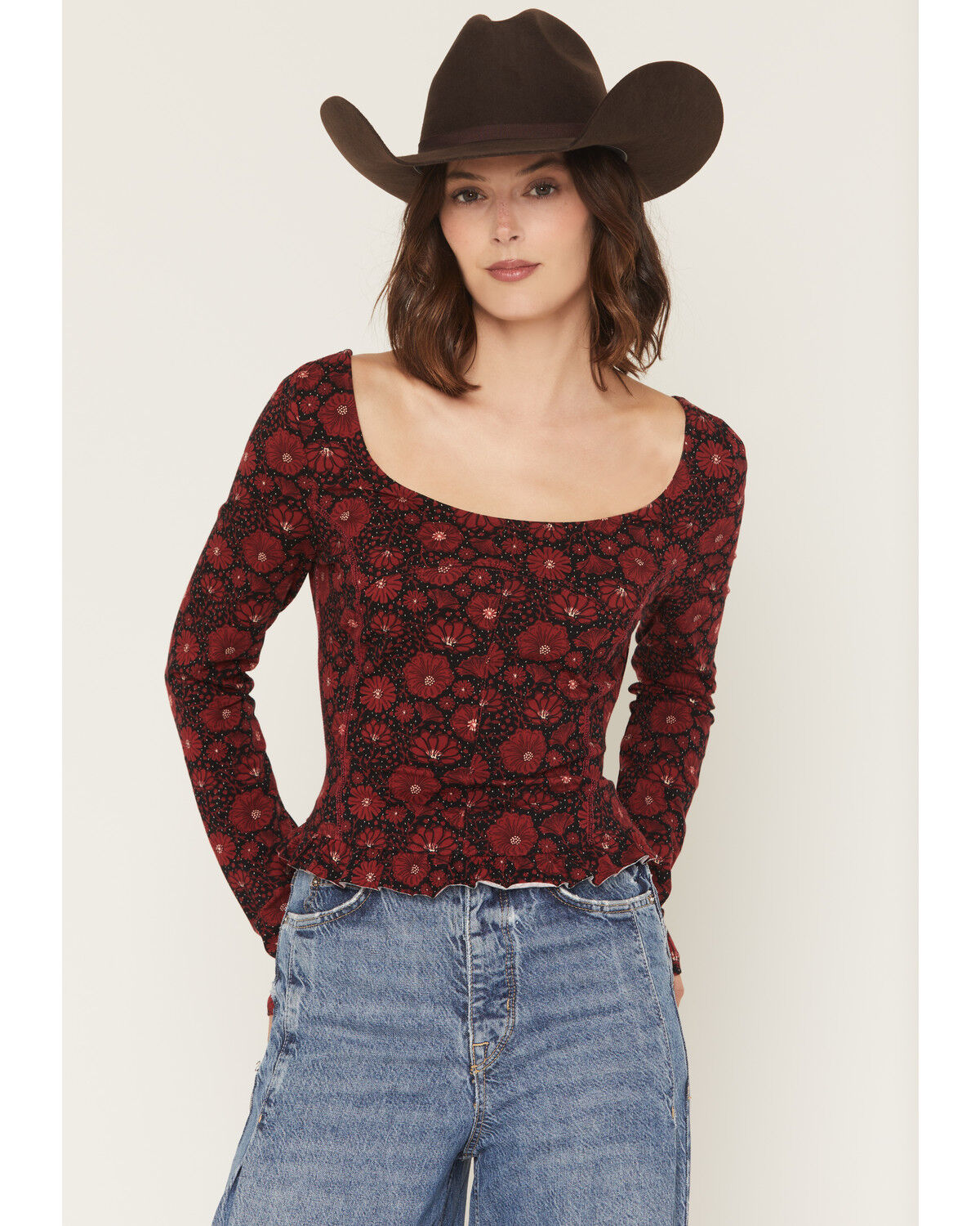 Image #1 - Rock & Roll Denim Women's Floral Print Long Sleeve Top, Red, hi-res