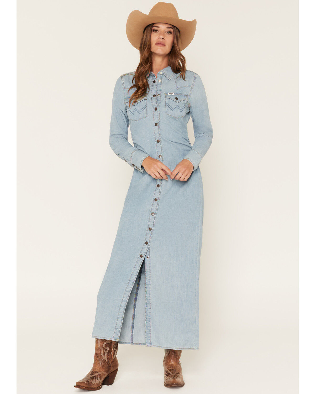 Wrangler Women's Light Wash Long Sleeve Cinched Waist Maxi Dress, Light Wash, hi-res