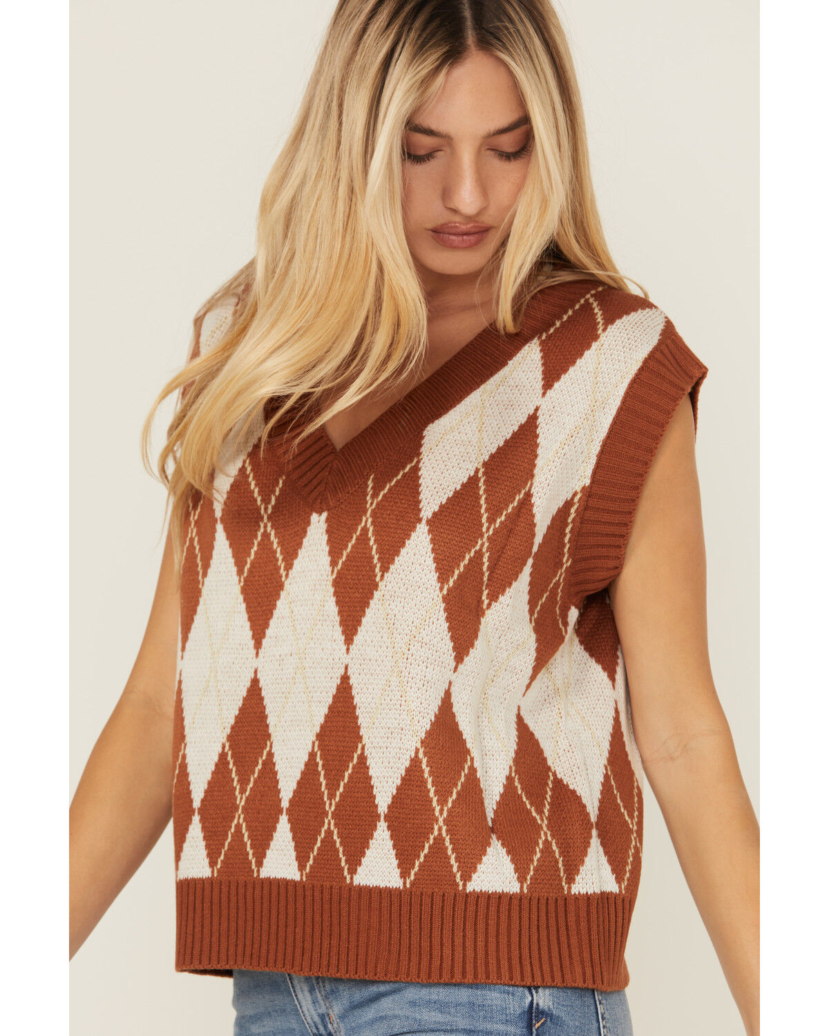 Image #2 - Sadie & Sage Women's Argyle Print Sweater Vest, Rust Copper, hi-res