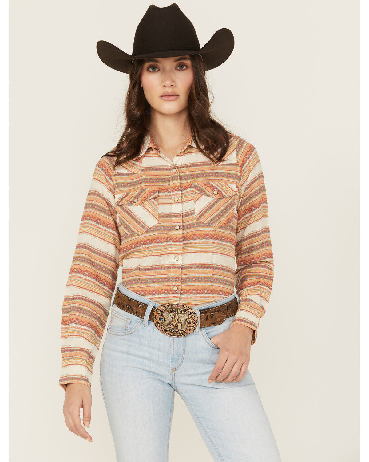 Image #1 - Panhandle Women's Striped Print Long Sleeve Snap Western Shirt, Cream, hi-res