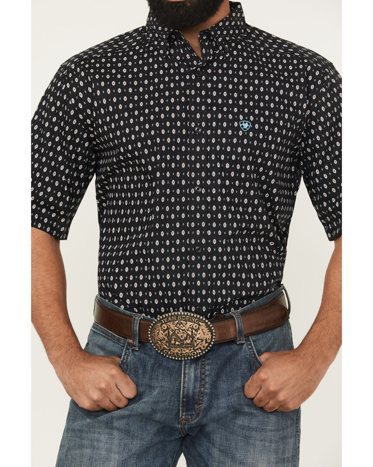 Image #3 - Ariat Men's Steele Geo Print Short Sleeve Button-Down Western Shirt, Black, hi-res