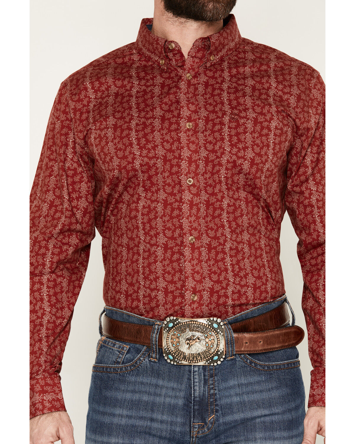 Image #3 - Cody James Men's Ol Hickory Floral Stripe Print Long Sleeve Button-Down Stretch Western Shirt - Tall, Red, hi-res