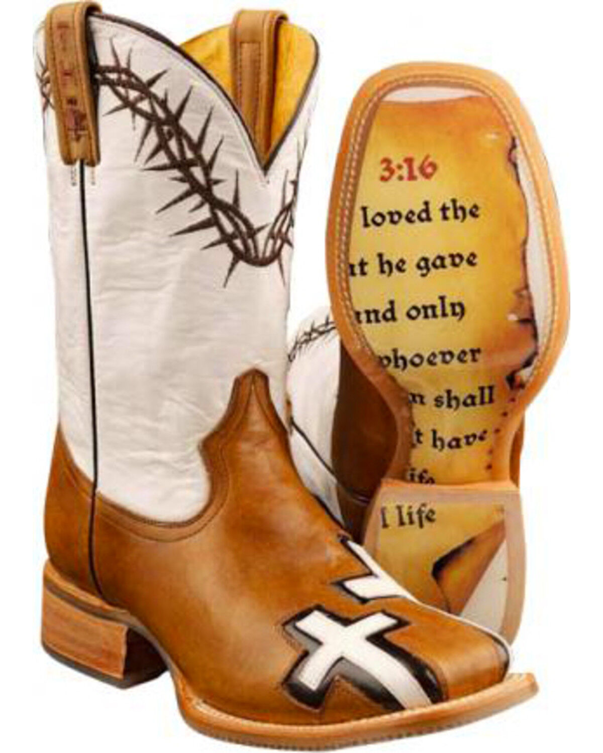 Image #1 - Tin Haul Men's Between Two Thieves John 3:16 Western Boots - Broad Square Toe, Brown, hi-res