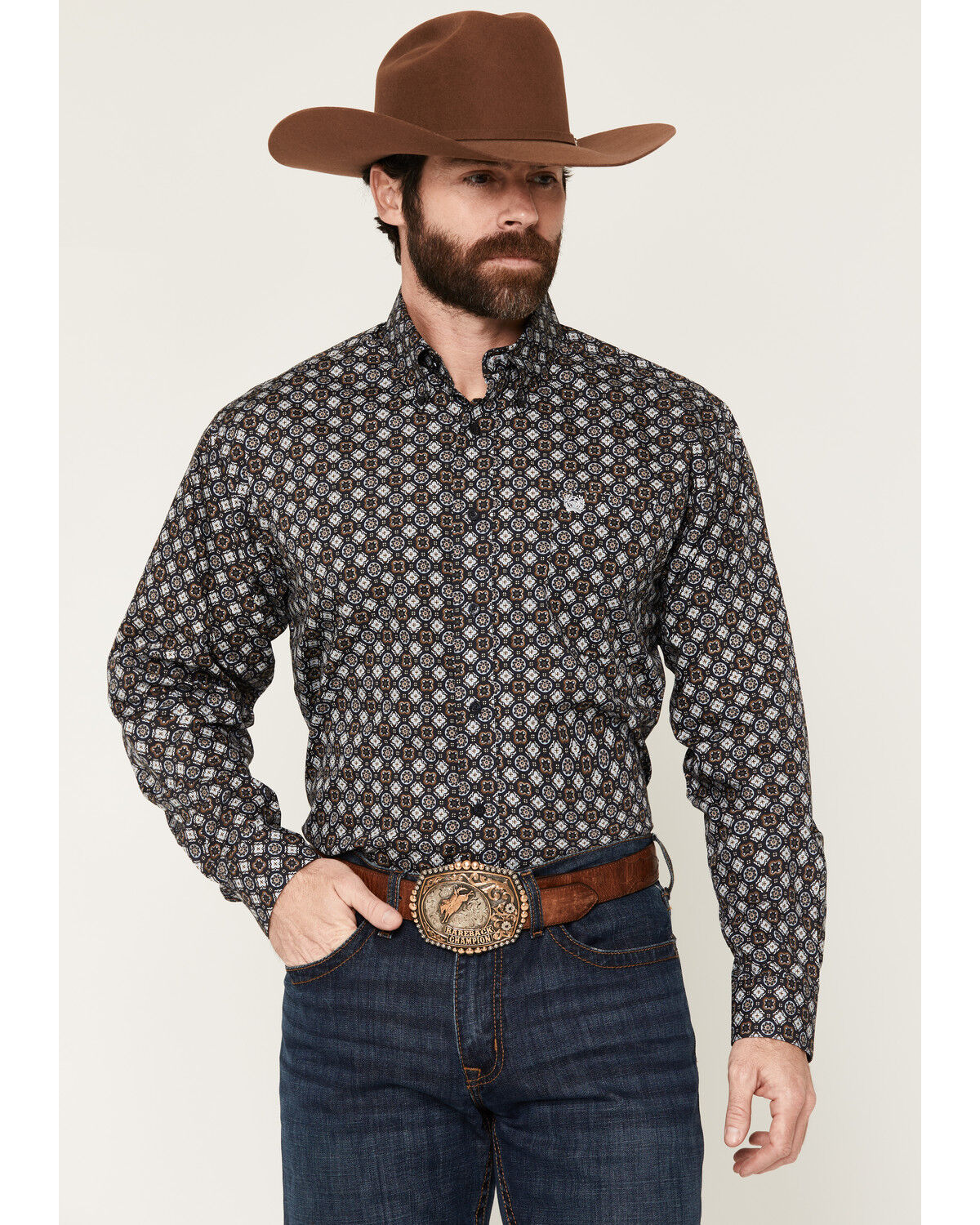 Image #1 - Cinch Men's Geo Print Long Sleeve Button-Down Western Shirt, Navy, hi-res