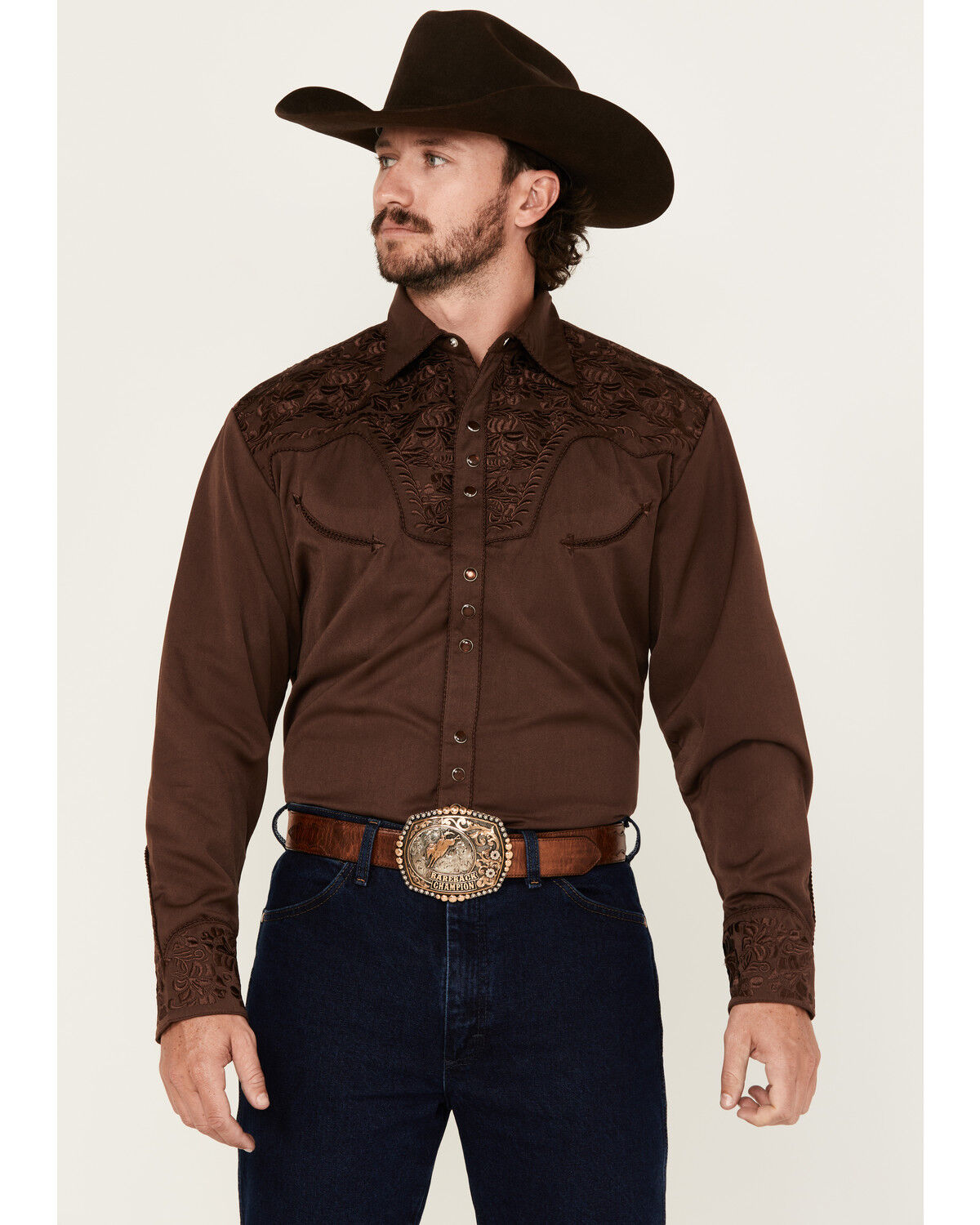 Image #1 - Scully Men's Gunfighter Long Sleeve Pearl Snap Western Shirt, Brown, hi-res