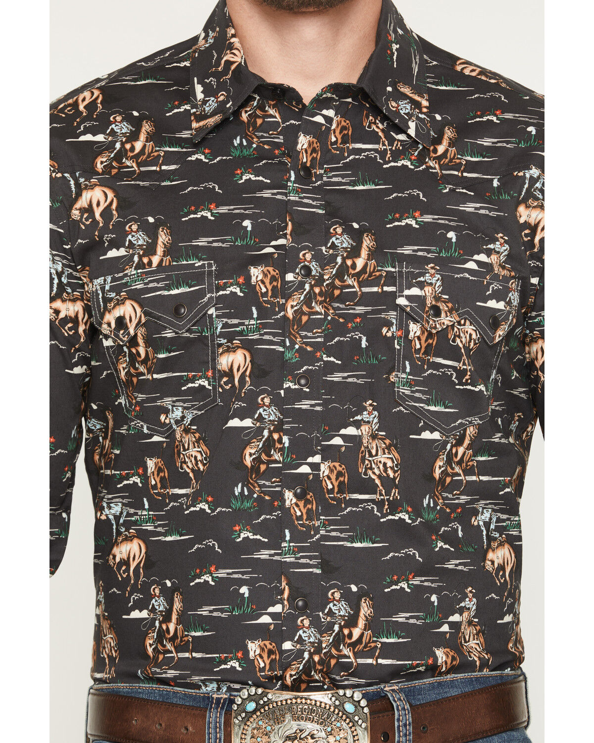 Image #3 - Rock & Roll Denim Men's Vintage Conversational Print Long Sleeve Snap Western Shirt, Charcoal, hi-res