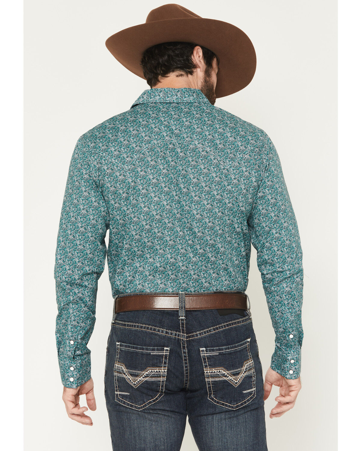 Image #4 - Rock & Roll Denim Men's Floral Print Long Sleeve Snap Stretch Western Shirt, Turquoise, hi-res