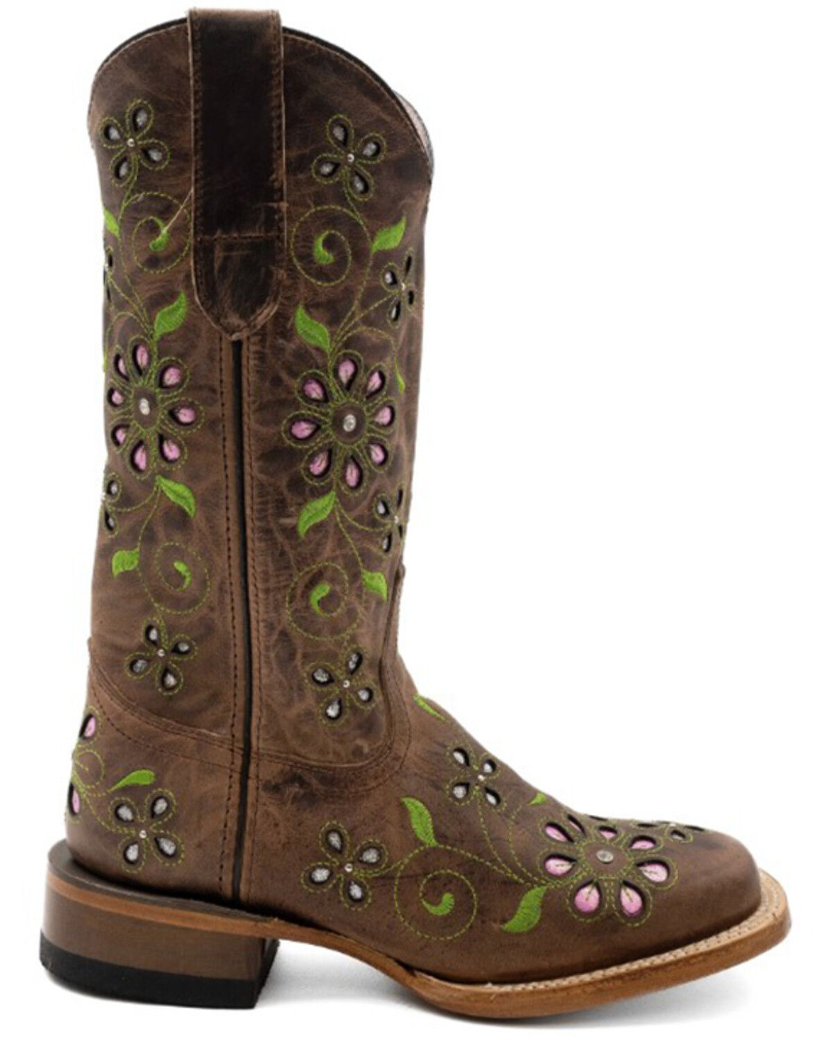 Image #2 - Ferrini Women's Blossom Inlay Western Boots - Broad Square Toe, Brown, hi-res