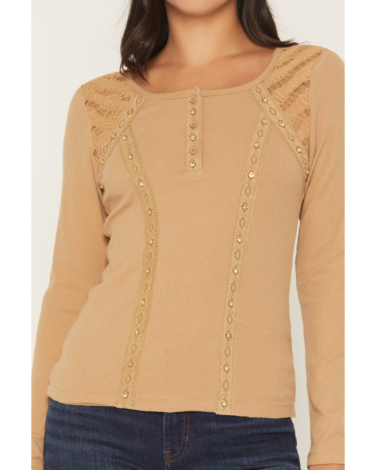 Image #3 - Miss Me Women's Embellished Lace Long Sleeve Shirt, Brown, hi-res