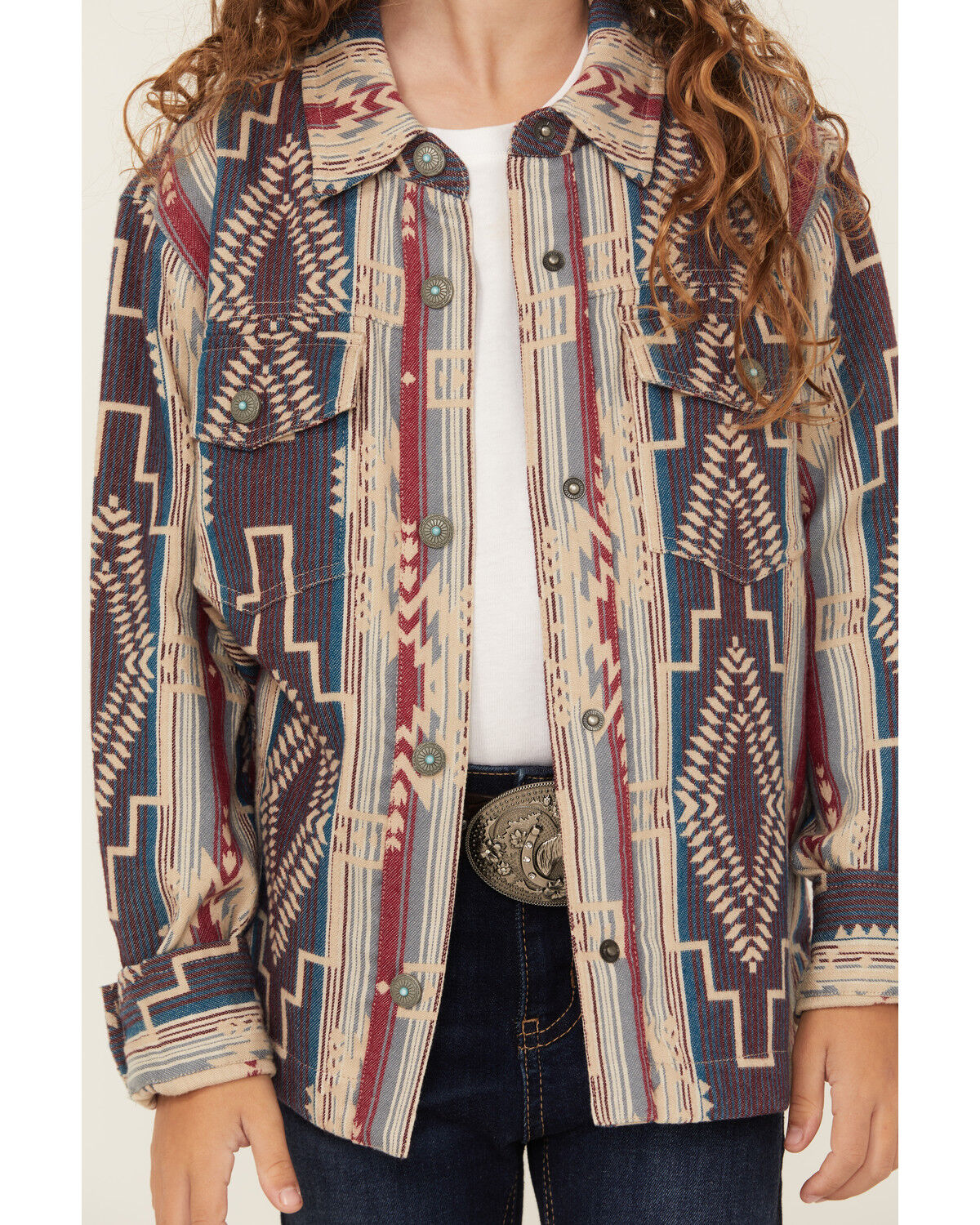 Image #3 - Shyanne Girls' Southwestern Striped Print Long Sleeve Snap Shacket, Fuchsia, hi-res