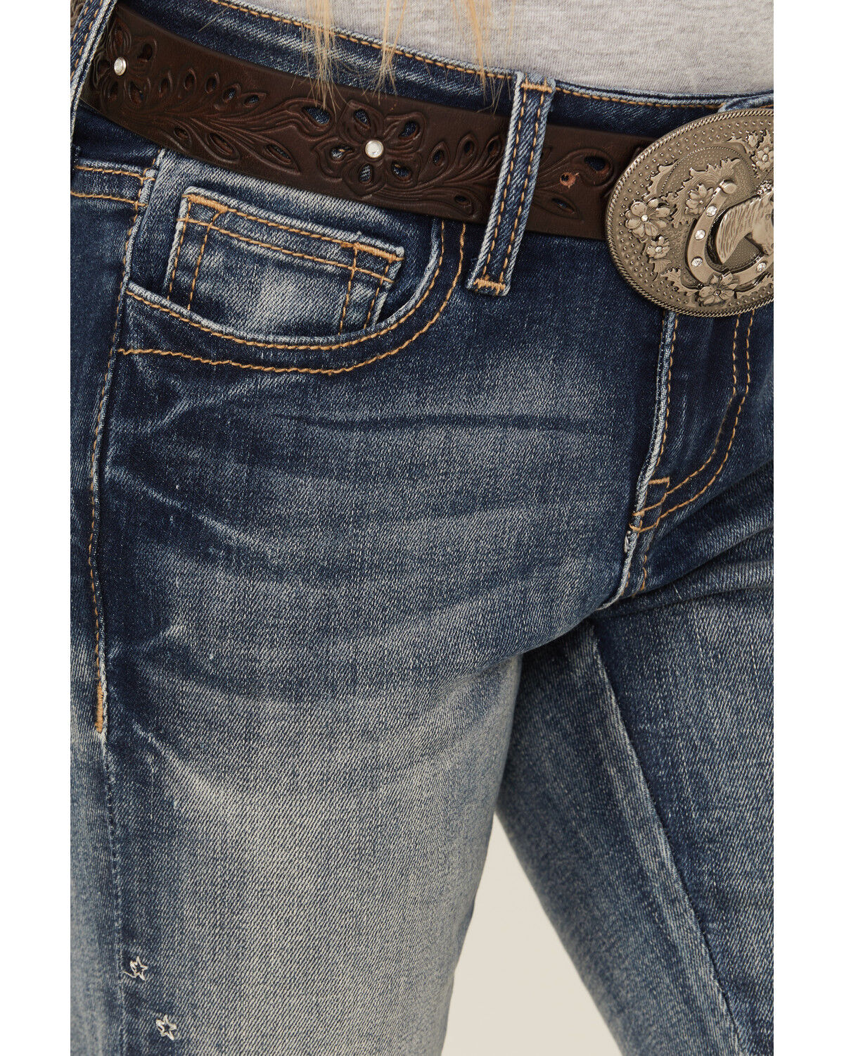 Image #2 - Grace In LA Girls' Light Wash Floral Embroidered Flare Stretch Denim Jeans, Blue, hi-res